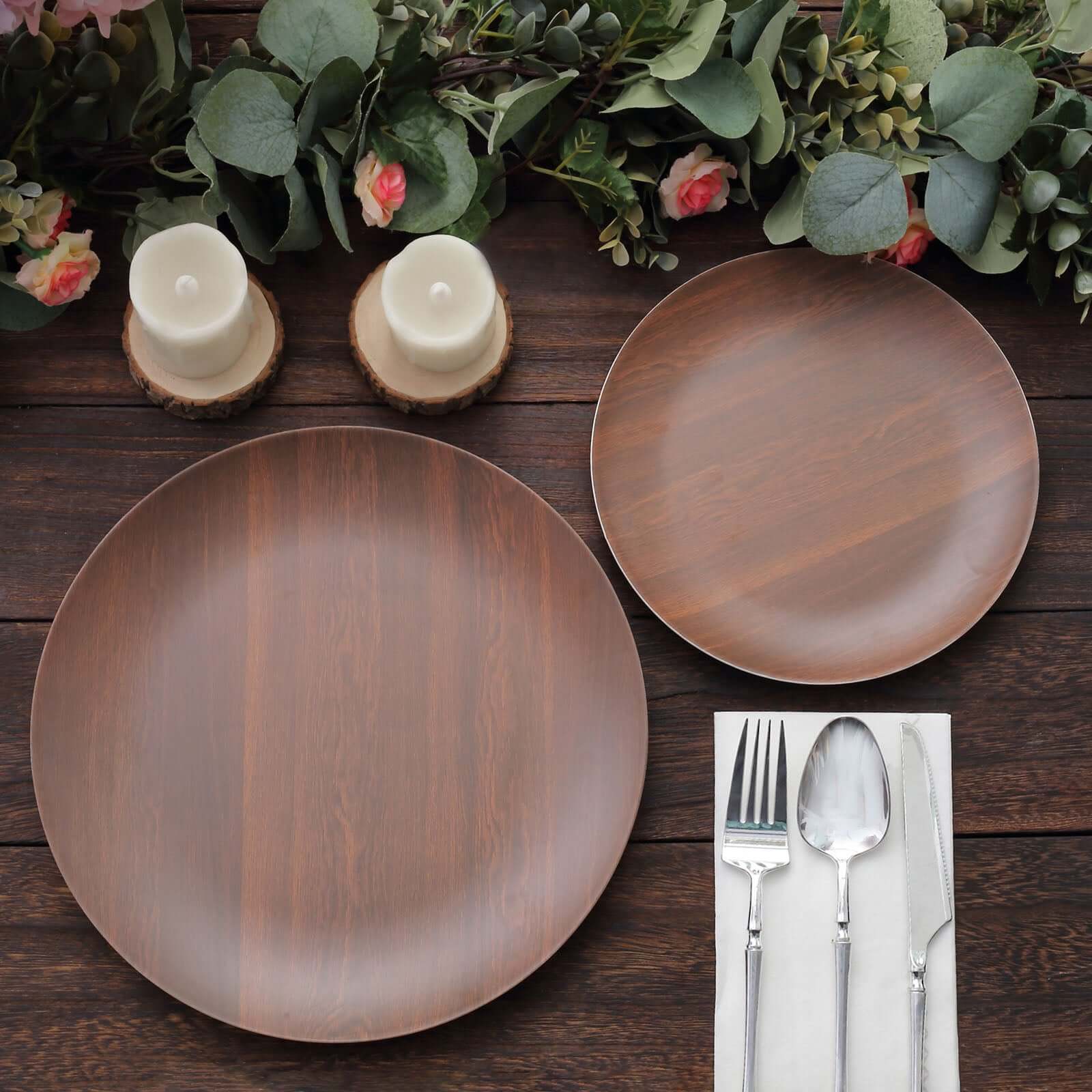 Set of 6 Disposable Shatterproof Brown Wood Grain Melamine 10-Inch Round Dinner Plates for Rustic Party Decor