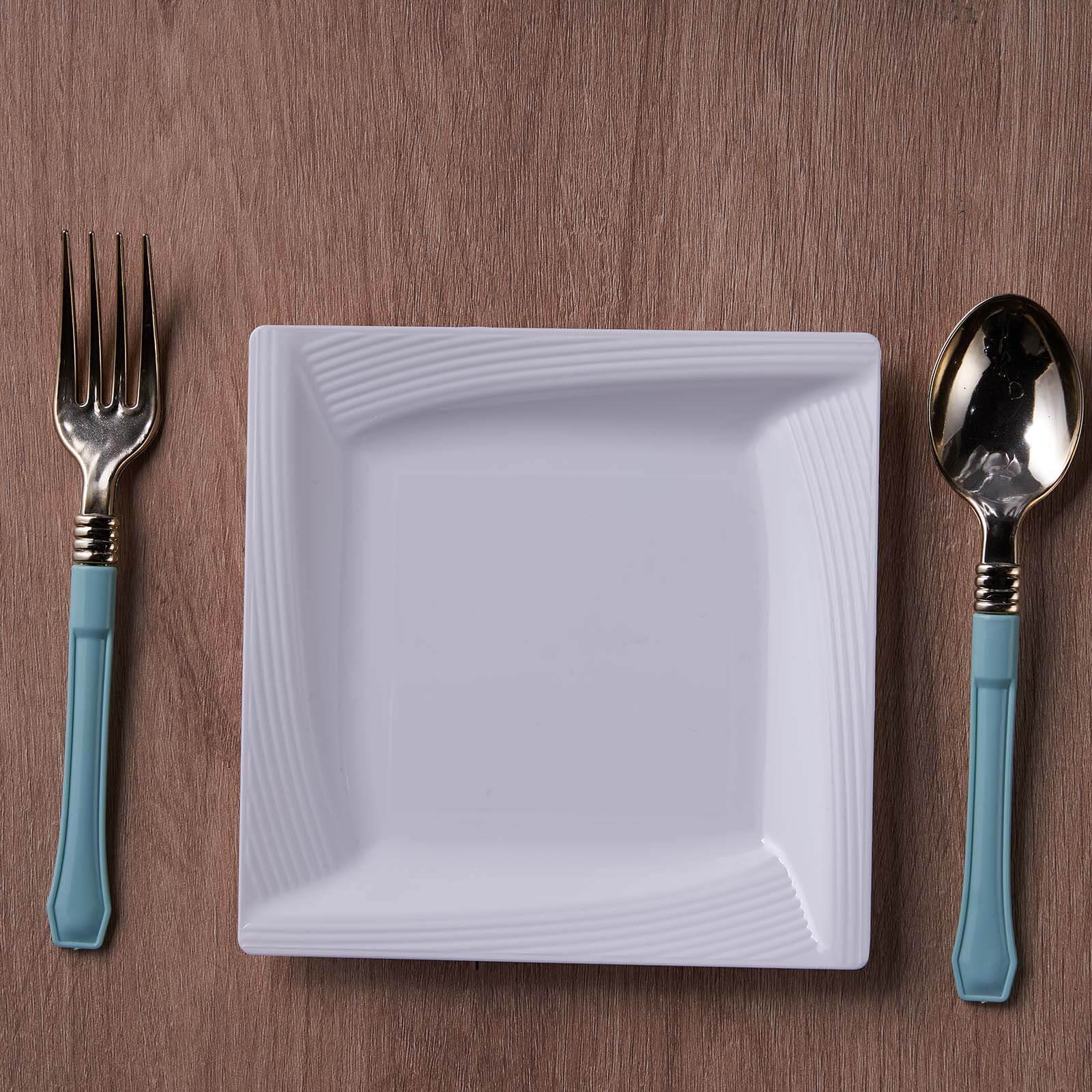 10-Pack White Disposable Plastic Square Dessert and Salad Plates with Geometric Ridge Trim for Stylish Events