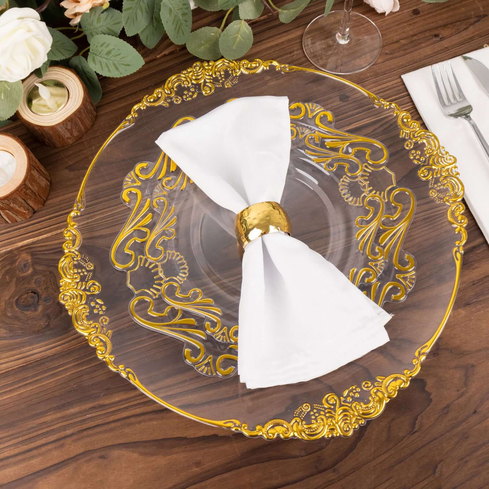 10-Piece Set of Clear Plastic Round Dessert Plates with Gold Vintage Baroque Scalloped Edge
