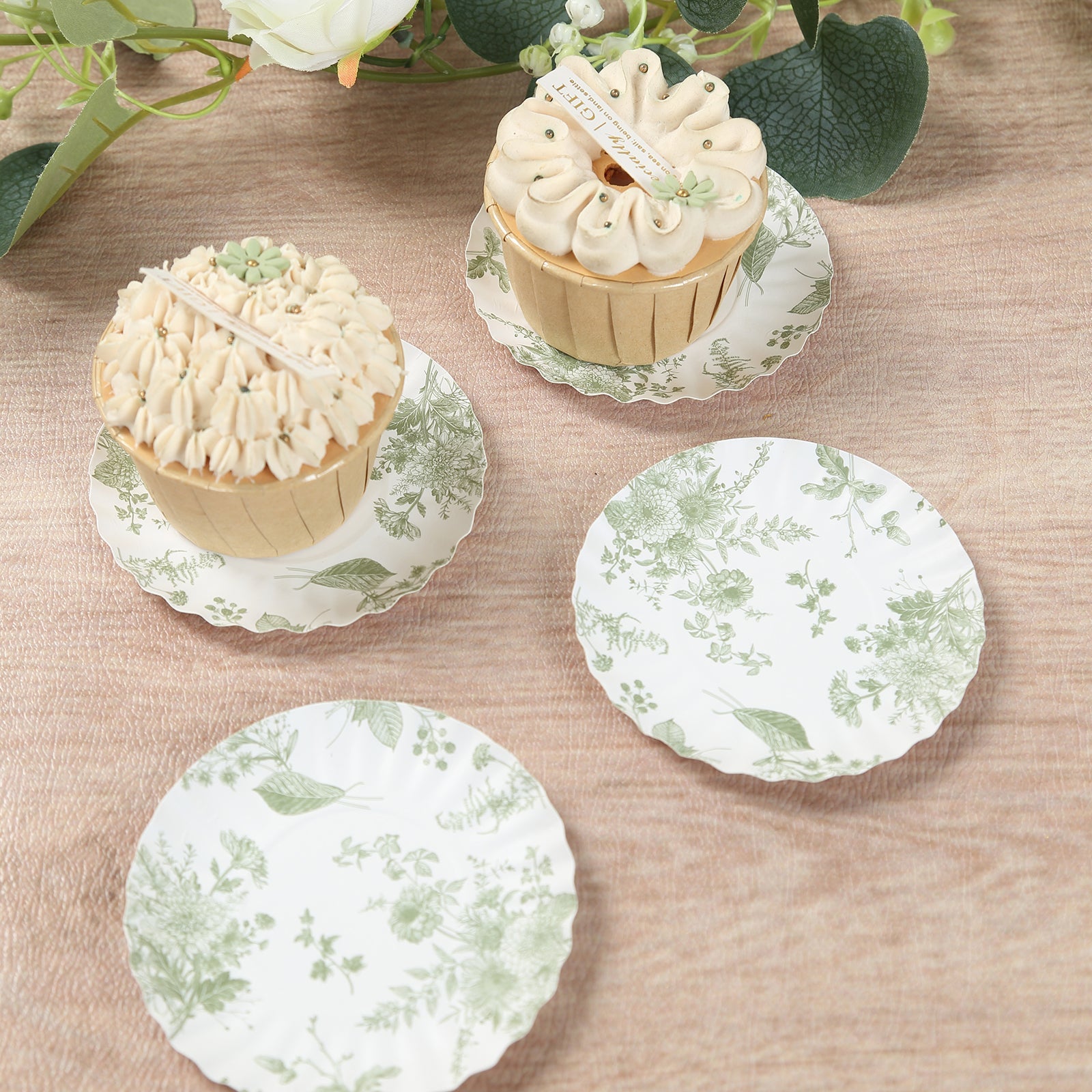 100-Pack Disposable White & Sage Green French Toile Mini Round Dessert Plates for Party
