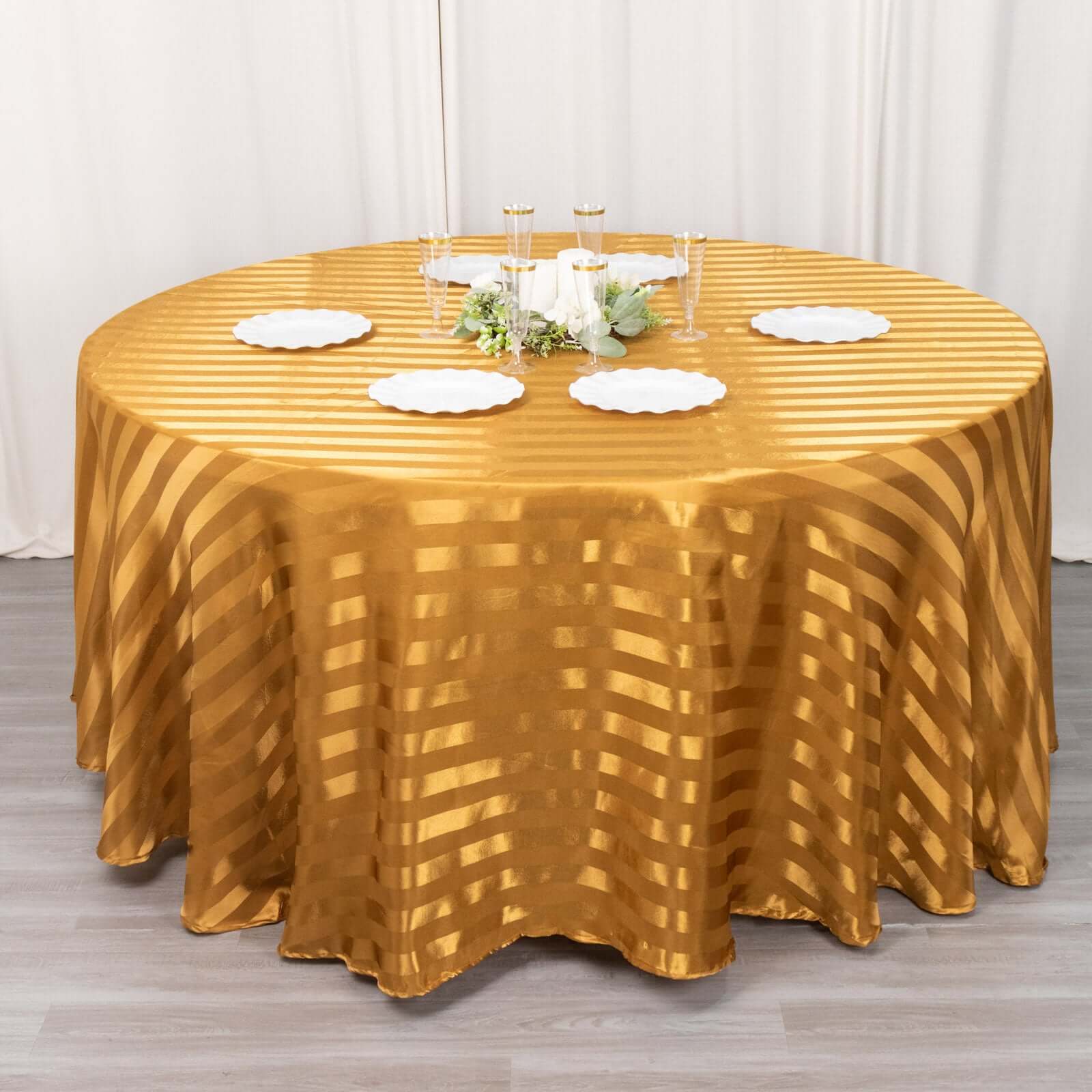 Hot Sale! 120-Inch Gold Satin Round Tablecloth with Glossy Stripes for Weddings