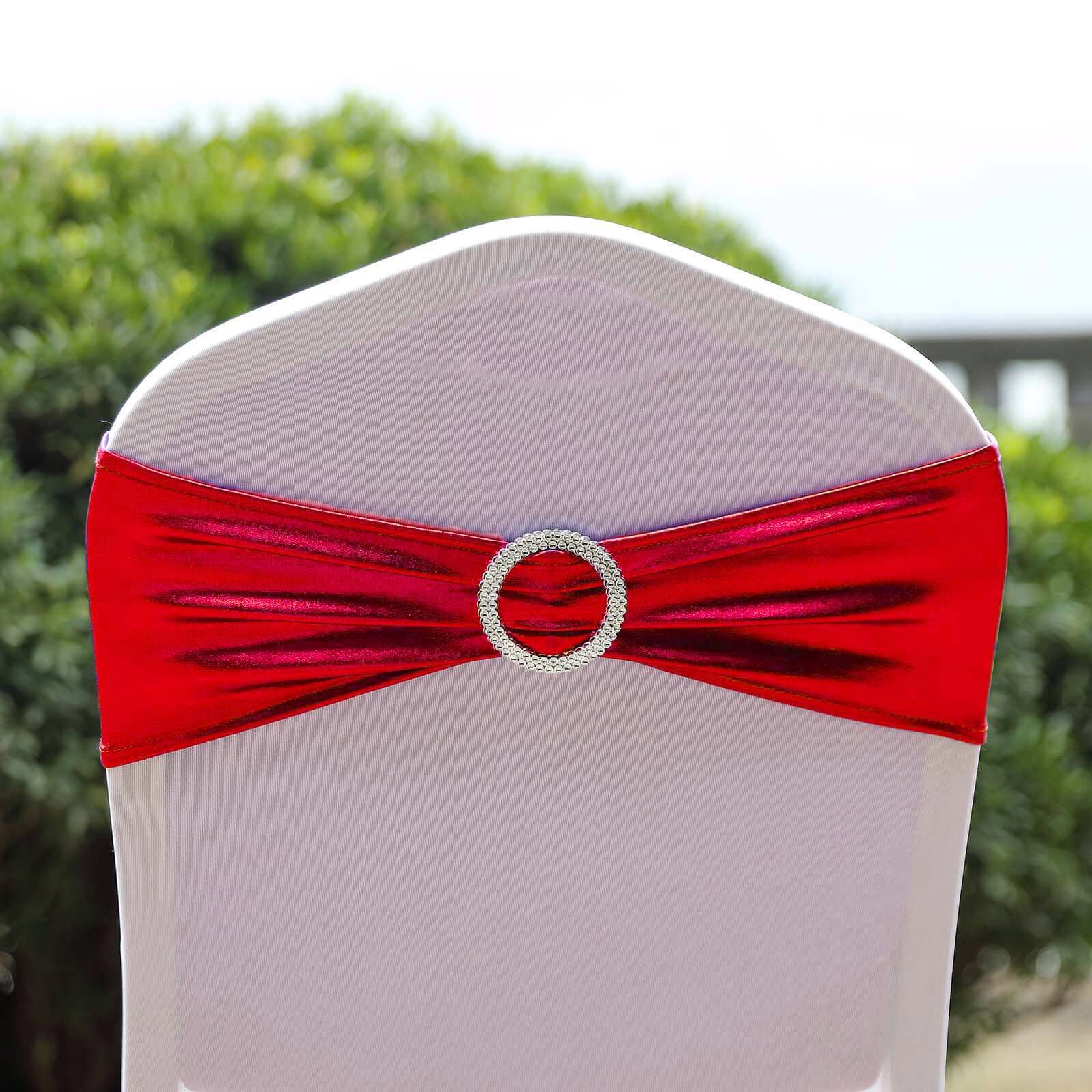 5-Pack Metallic Red Spandex Chair Sashes with Round Diamond Buckles - Stretch Fit for Parties