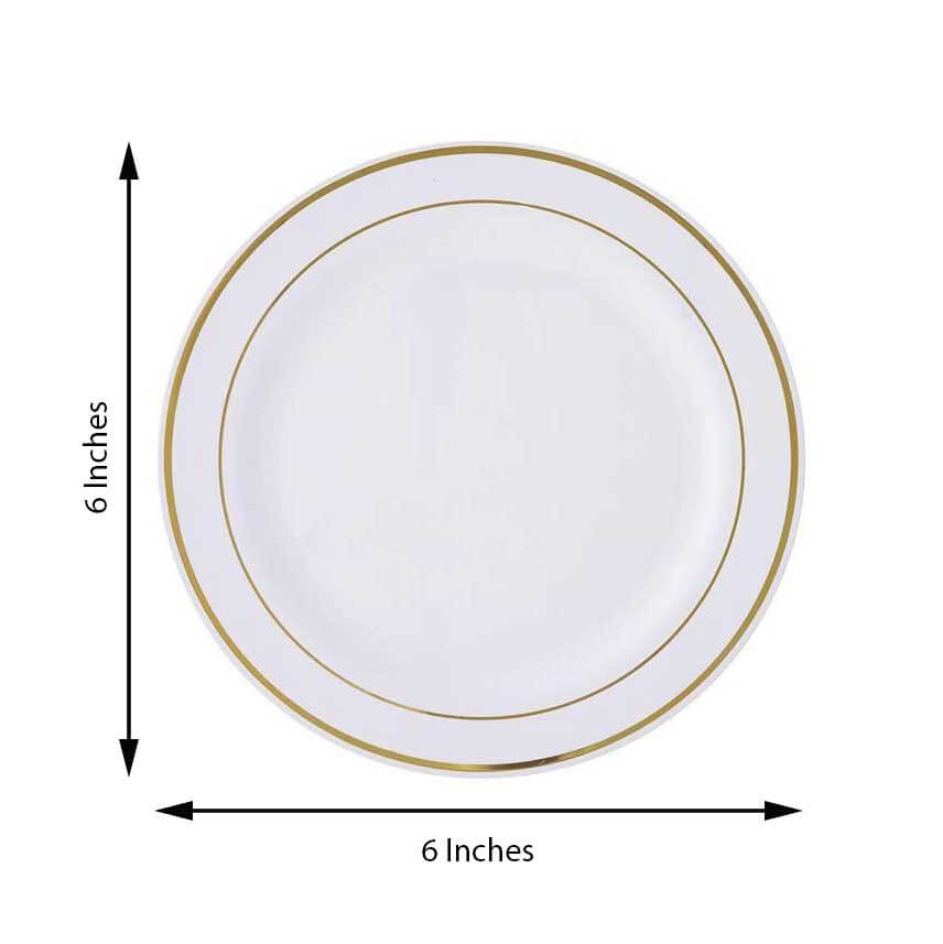 10-Piece Set of Disposable White Plastic Dessert Plates with Stylish Gold Rim, 6 Inches