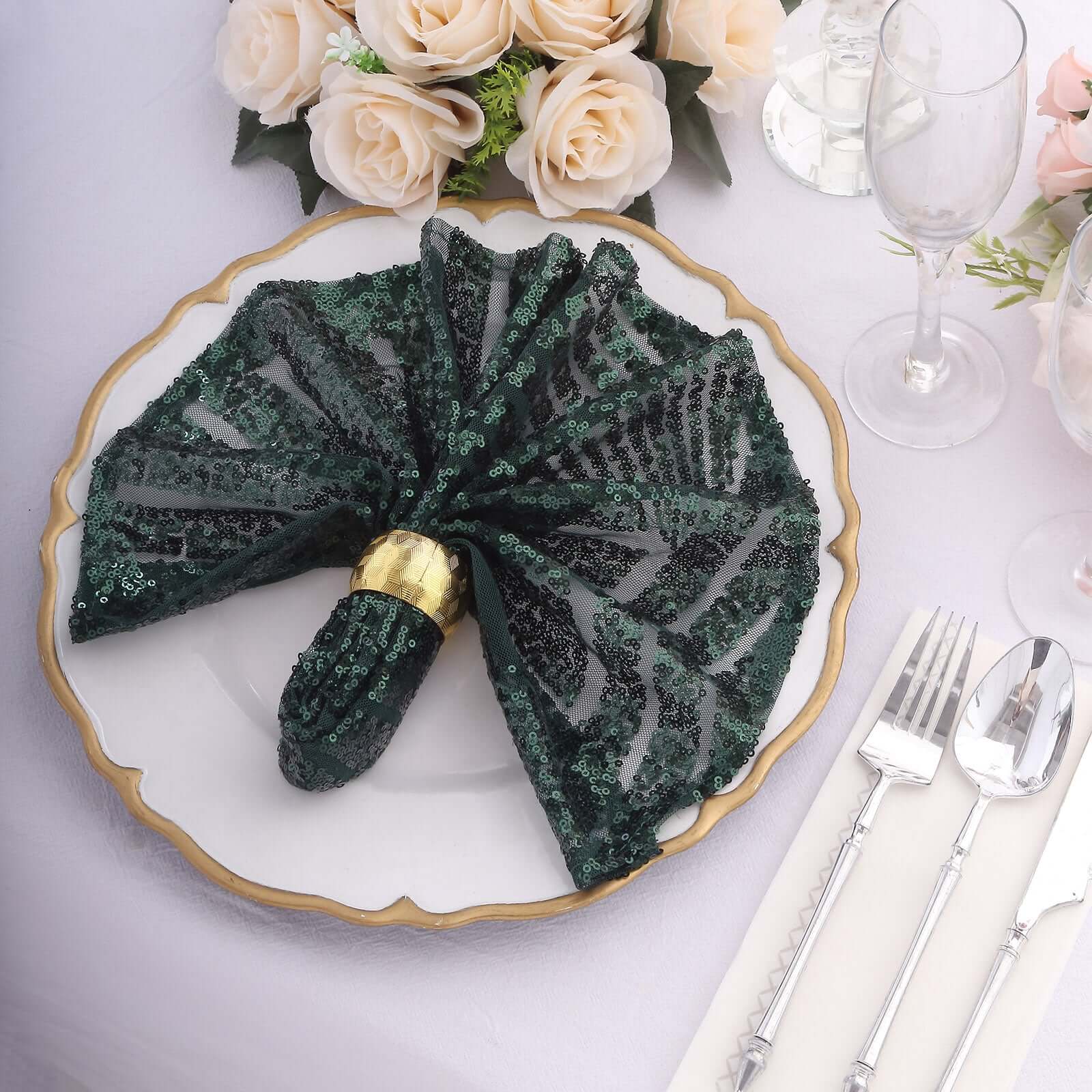 Get Reusable Diamond Pattern Sequin Dinner Napkins in Hunter Emerald Green, 20x20 Size