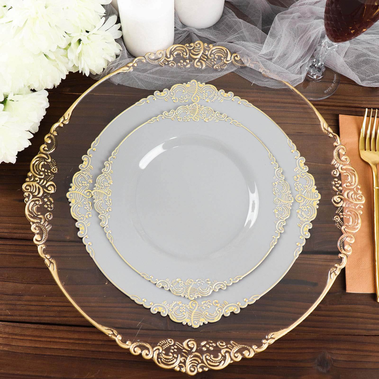 10-Piece Disposable Gray Plastic Round Dinner Plates with Gold Leaf Embossed Rim in Vintage Baroque Style