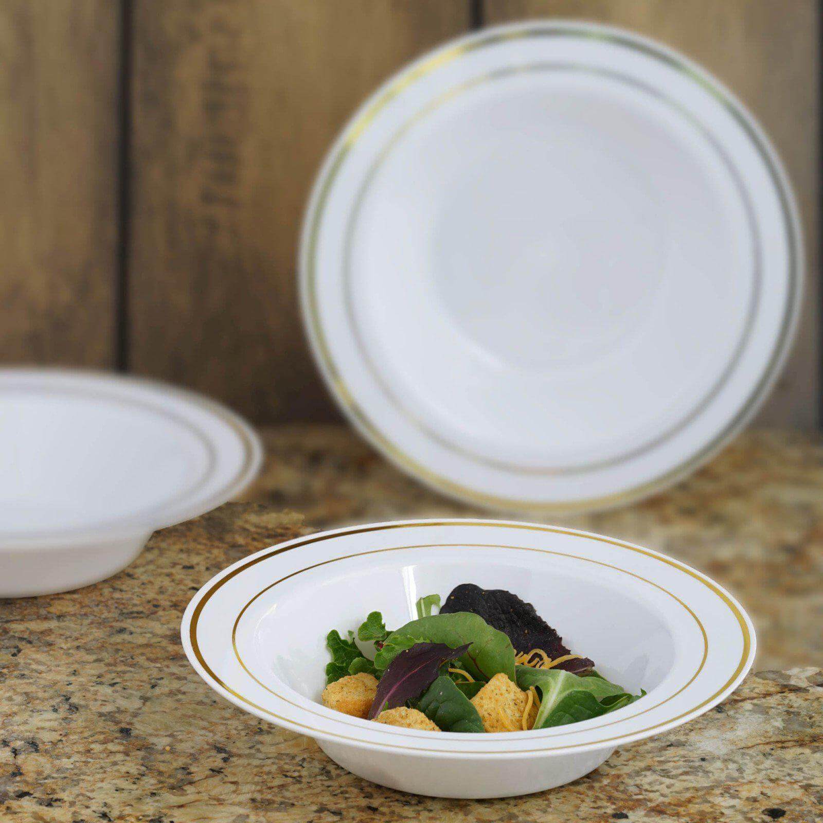 Hot Deal! 10-Pack of 12oz Disposable Plastic Soup Bowls with Elegant Gold Rim, White Color for Parties