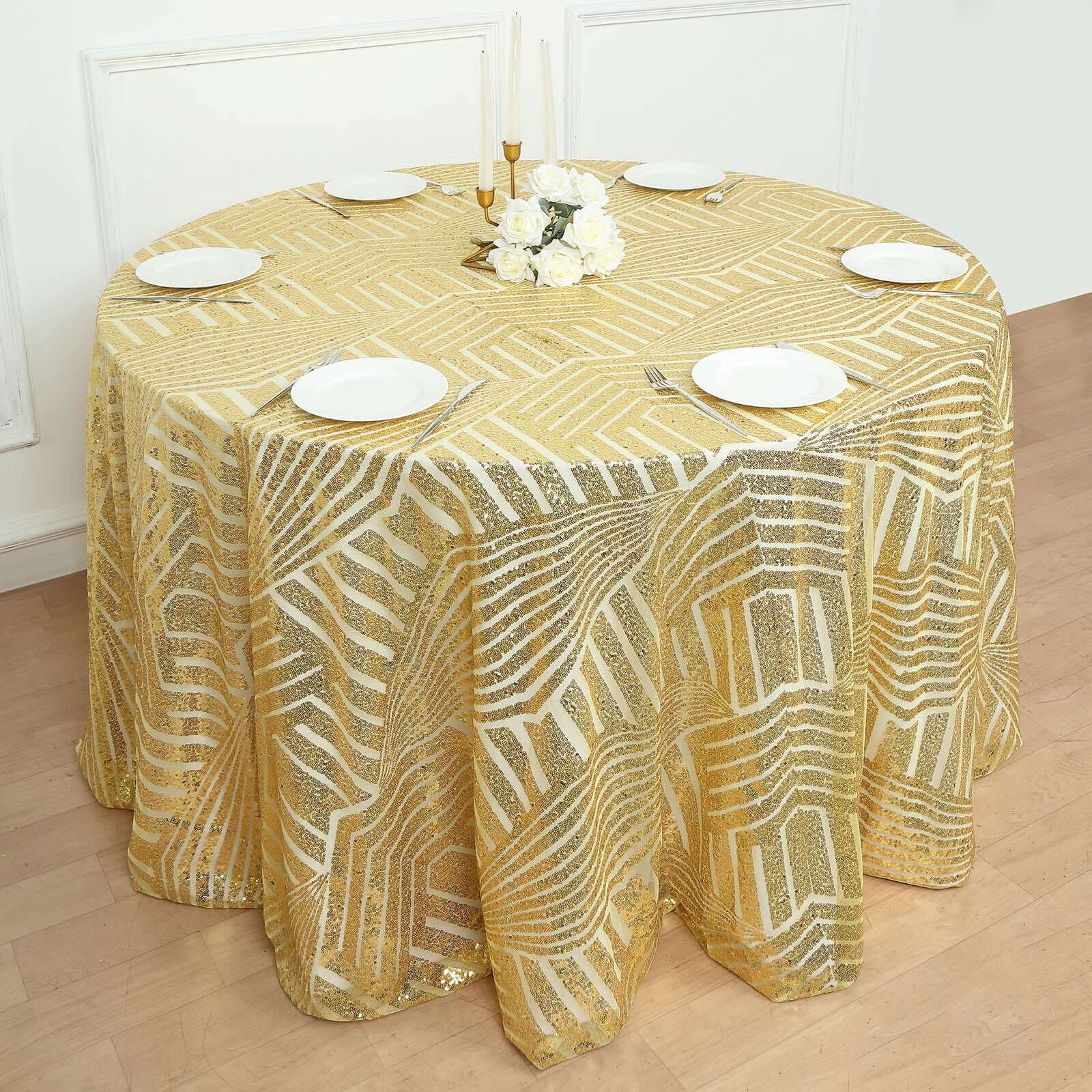 Gold Sequin 120 Round Tablecloth - Glam Seamless Diamond Design for Special Events