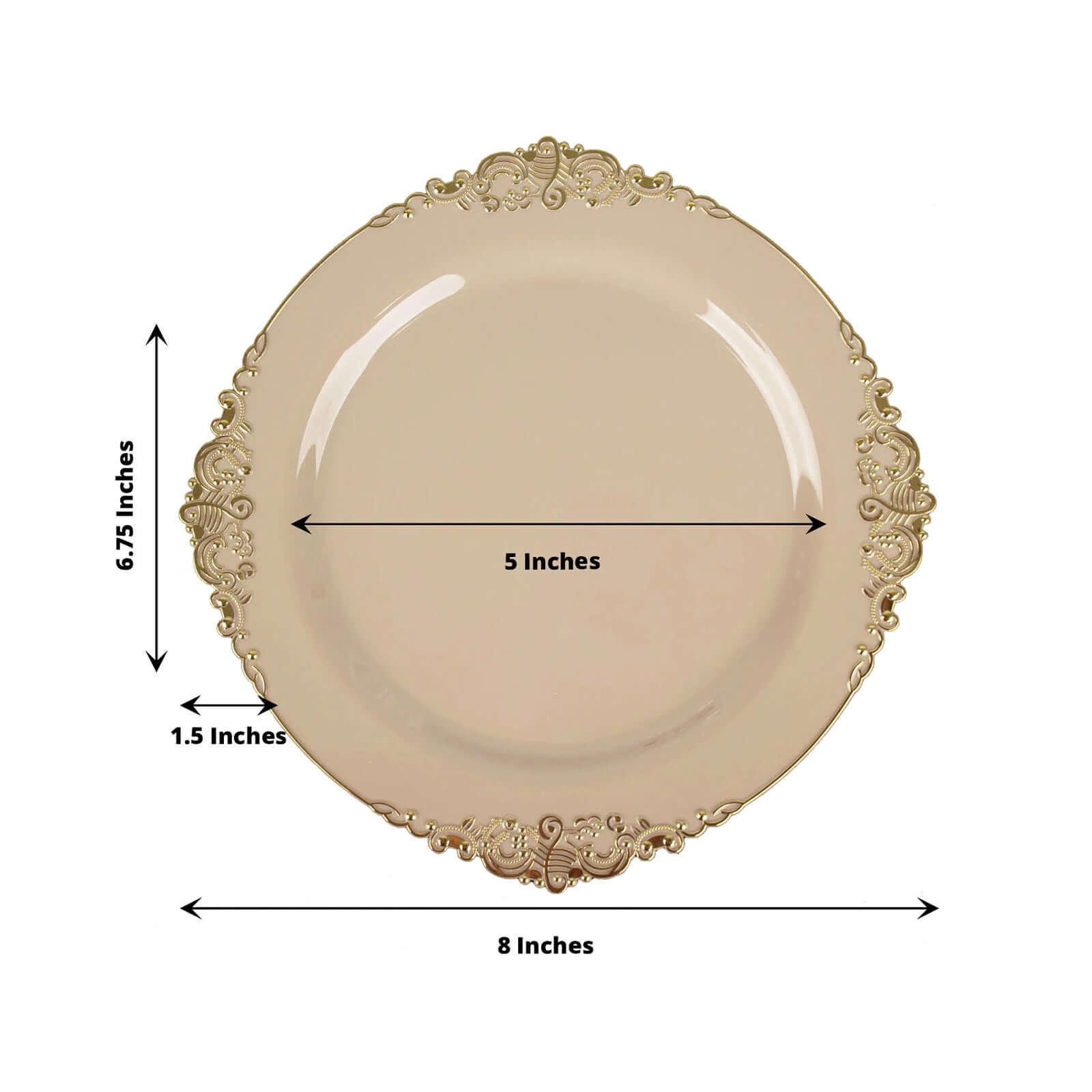 10-Pack Disposable Taupe Plastic Round Dessert Plates with Gold Leaf Embossed Rim - Vintage Baroque Style