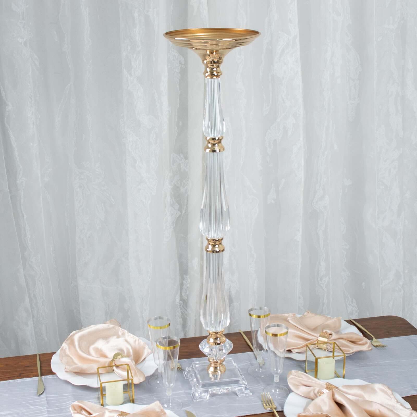 32-inch Gold and Clear Acrylic Crystal Pillar Candle Stand for Wedding Centerpieces