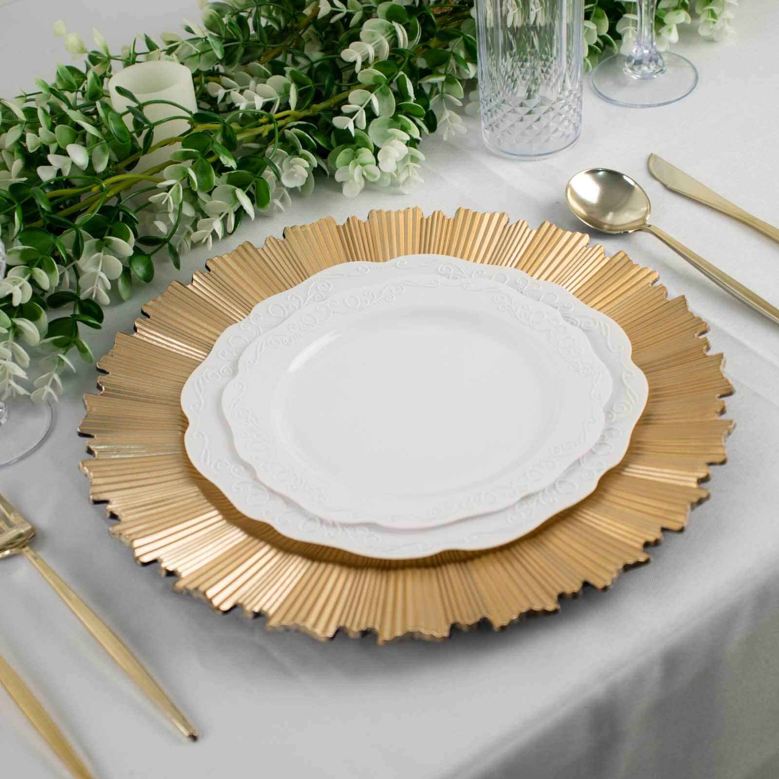 Set of 6 Metallic Gold 13-inch Acrylic Plastic Round Charger Plates with Sunray Scalloped Rim
