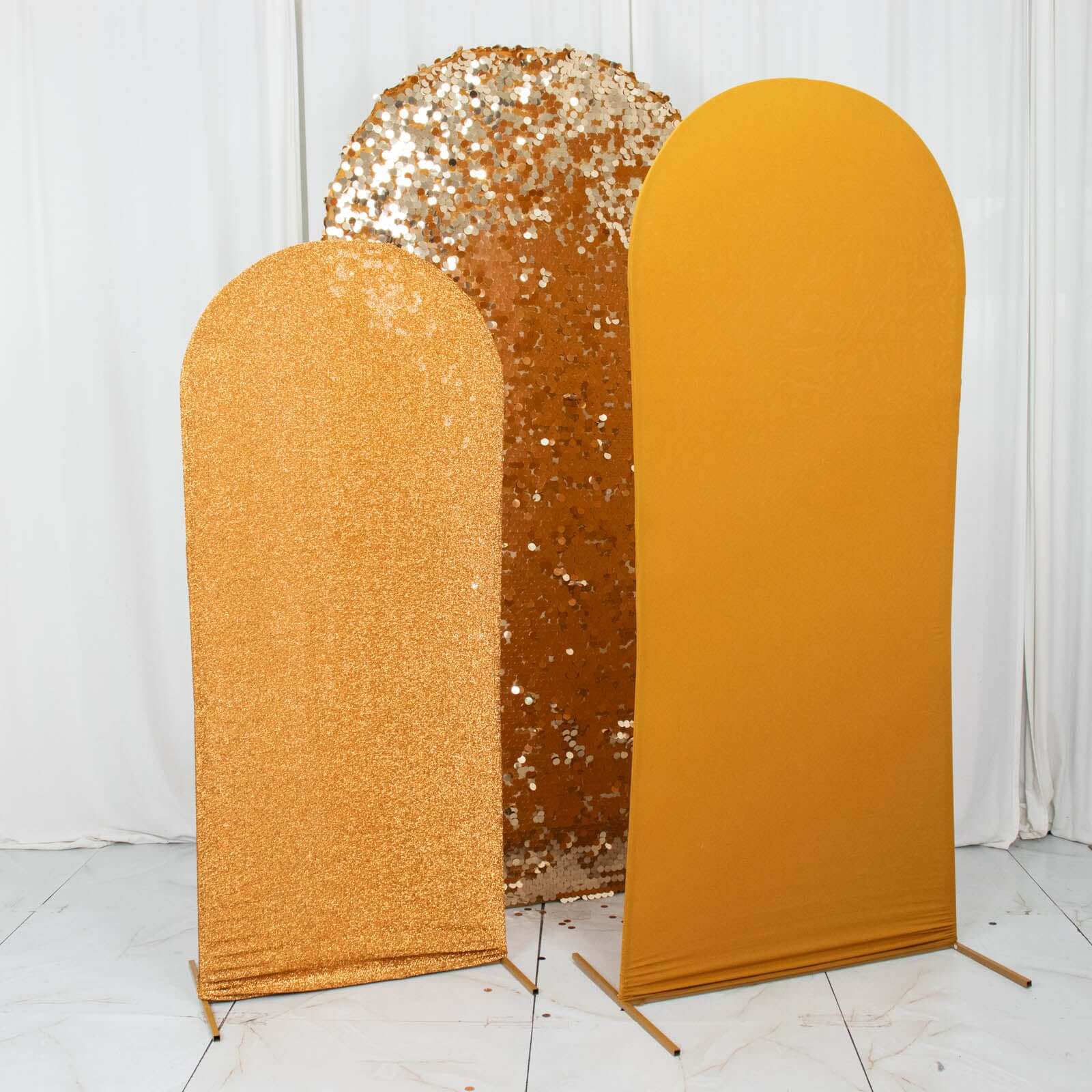 3-Piece Gold Round Top Wedding Arch Frame Covers in Sequin, Tinsel & Spandex