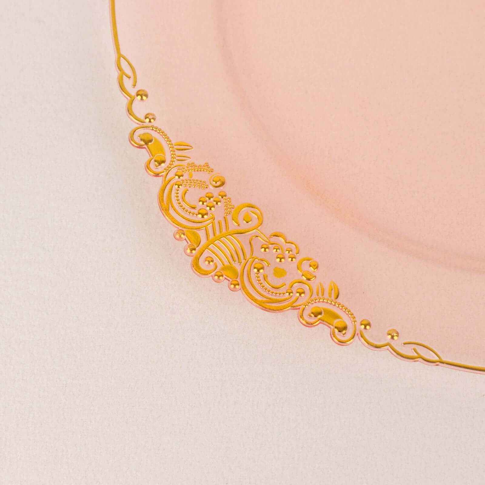 10-Pack Disposable 8" Transparent Blush Plastic Dessert Plates with Gold Leaf Embossed Rim - Vintage Baroque Style