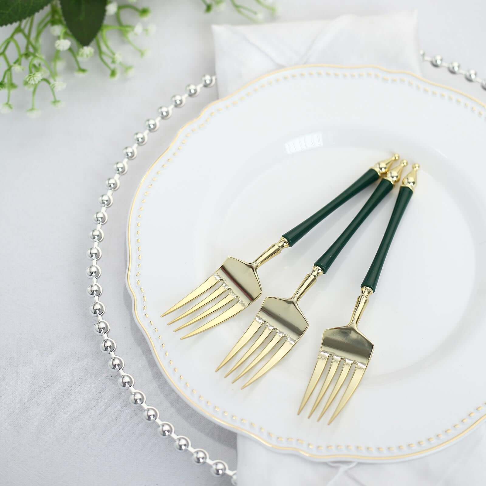 24-Pack 6" Gold & Hunter Emerald Green Plastic Dessert Forks with Roman Column Handles - European Style Disposable Utensils