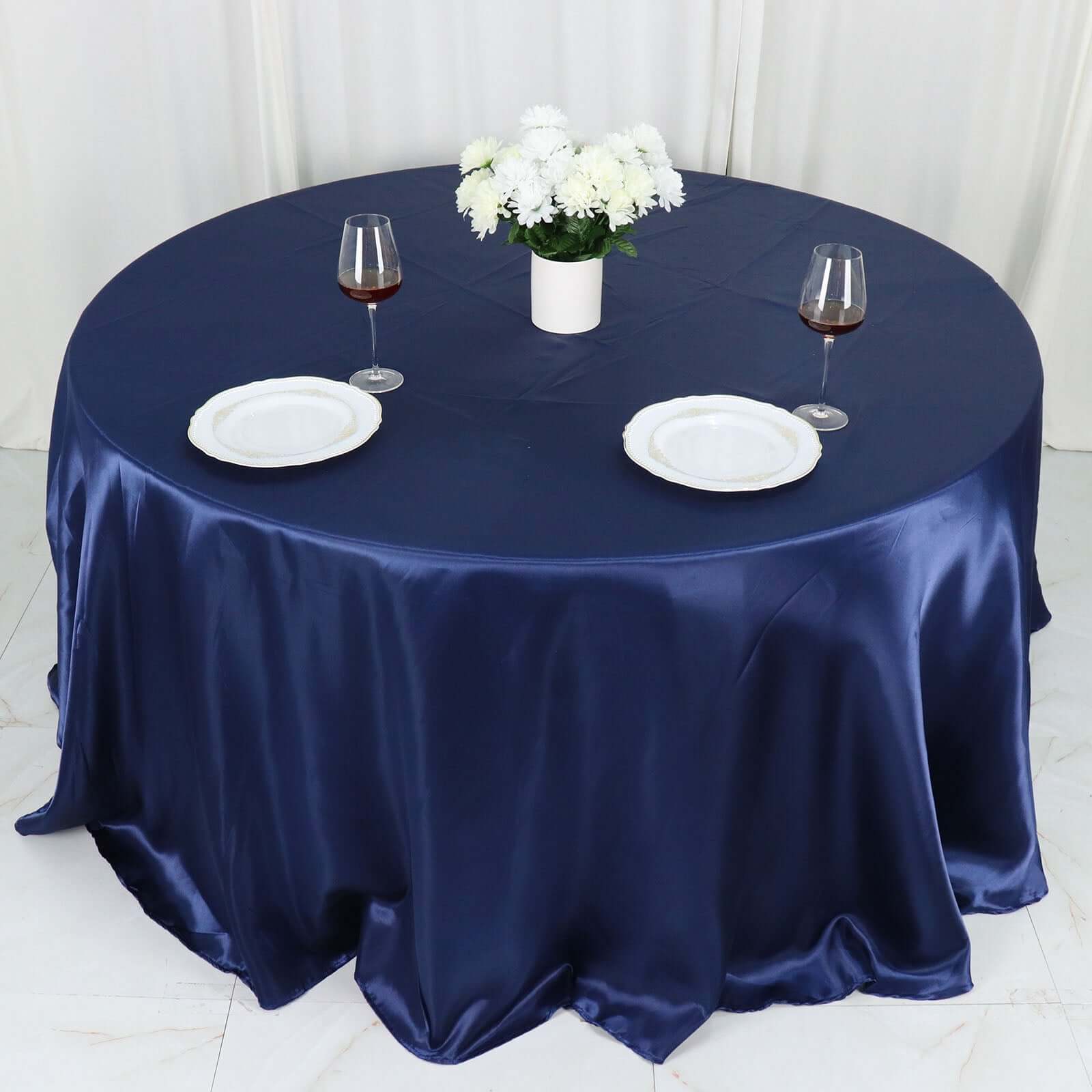 Stylish Navy Blue Satin 132-Inch Round Tablecloth - Ideal for Special Occasions