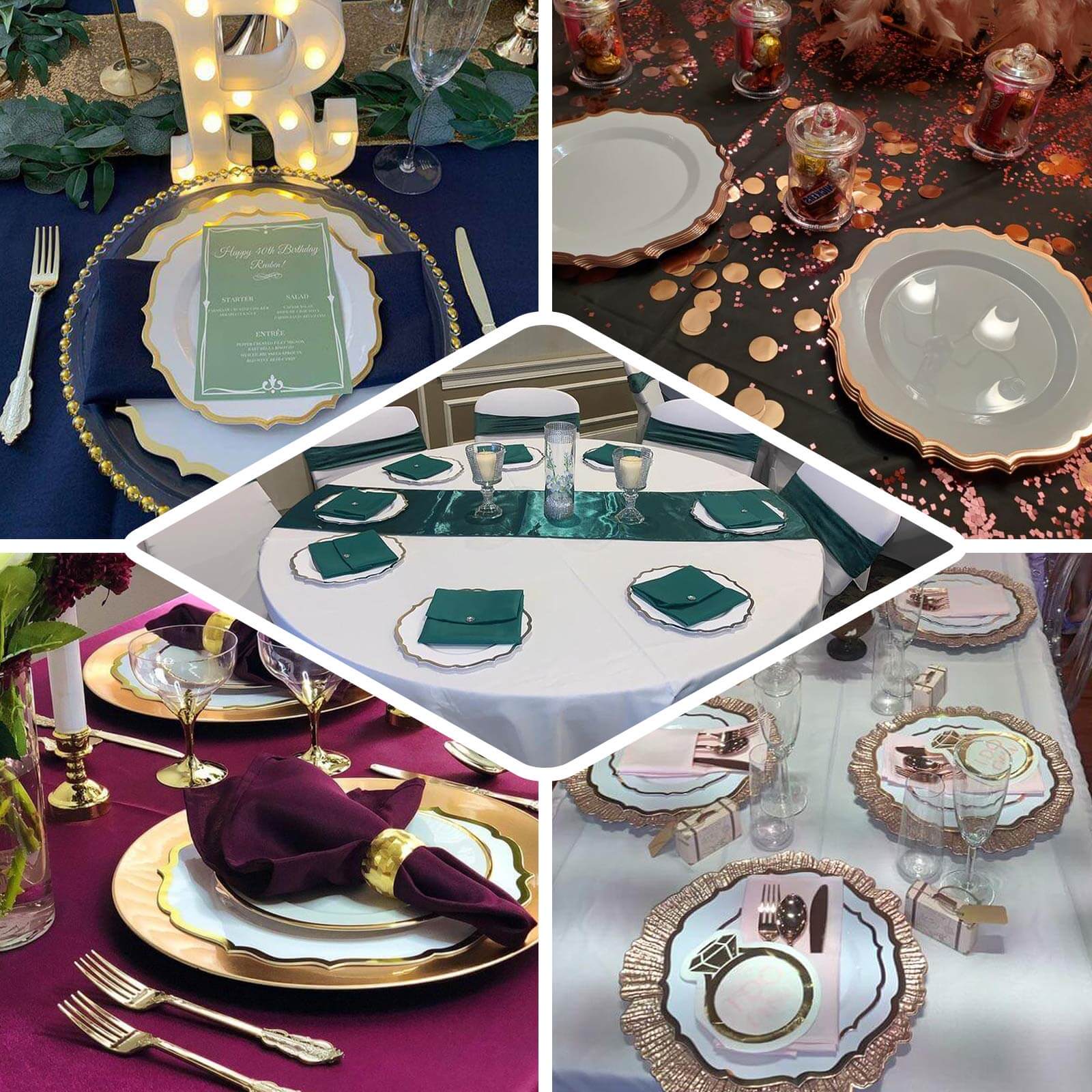10-Piece Set of Clear Plastic Round Dinner Plates with Gold Scalloped Rims - Disposable for Parties