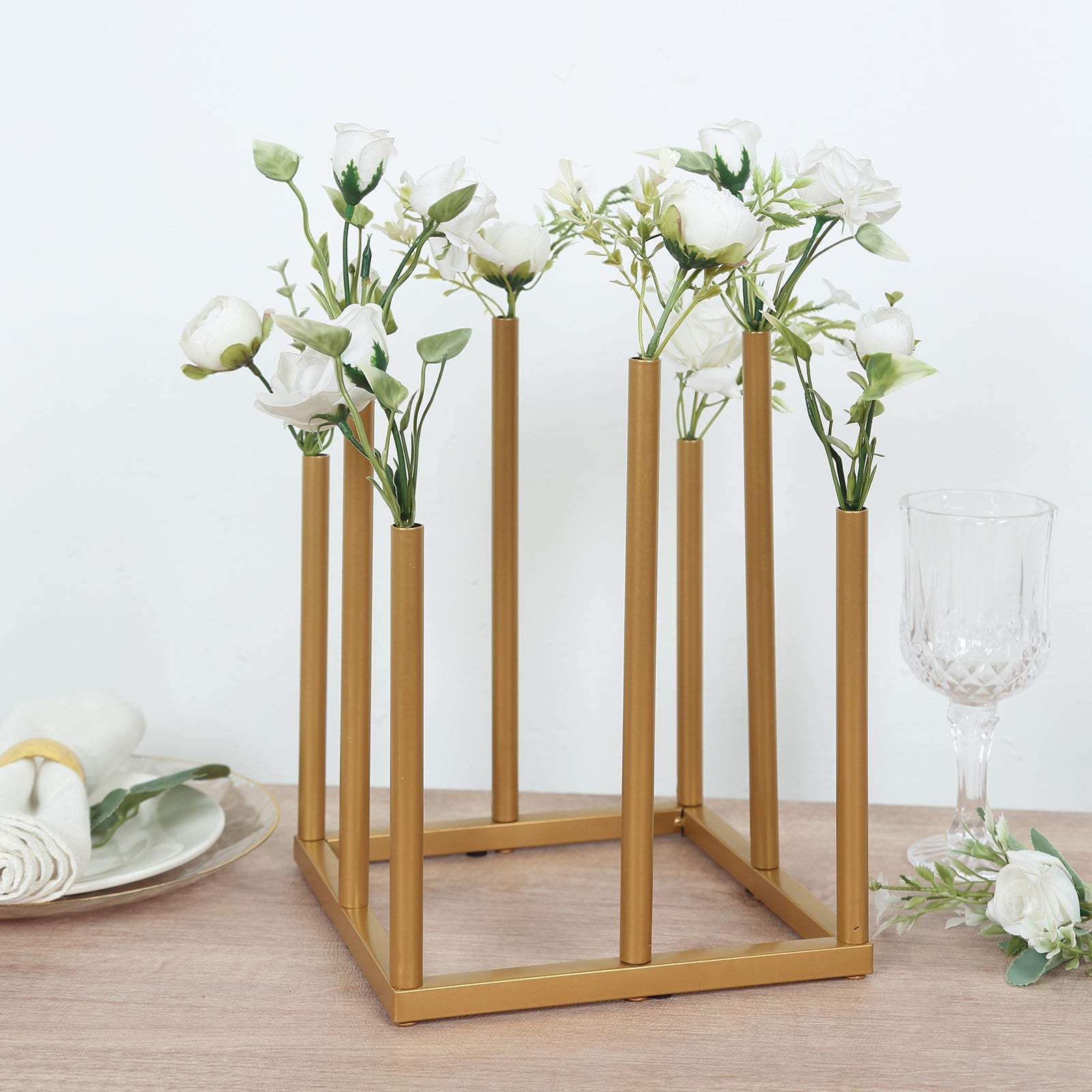 Single Stem Gold Metal Minimalist 8-Tube Flower Vase with Square Base, 10-Inch Tall