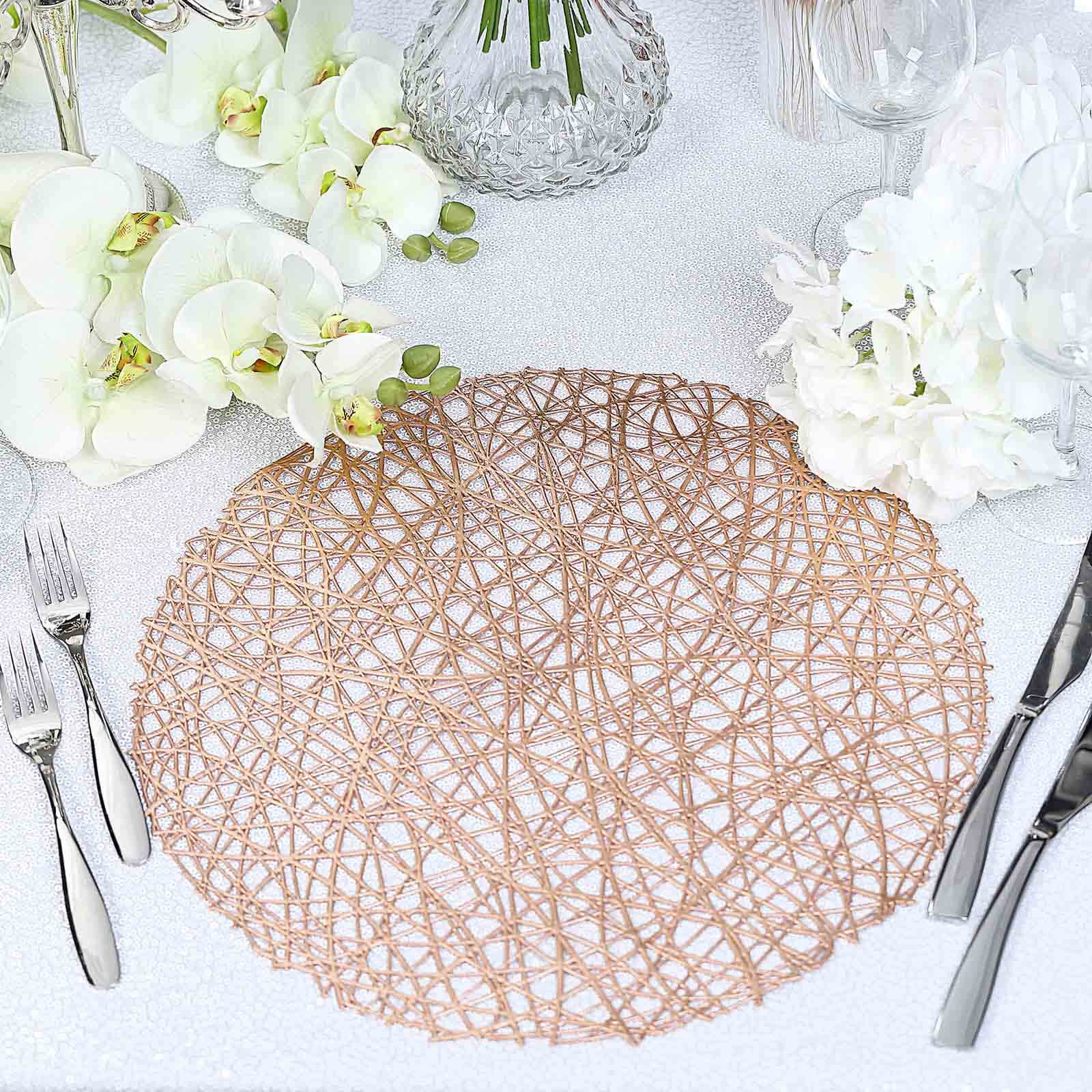 Hot Sale! 6-Piece Set of Durable Rose Gold Vinyl Round Dining Table Placemats with Woven Design
