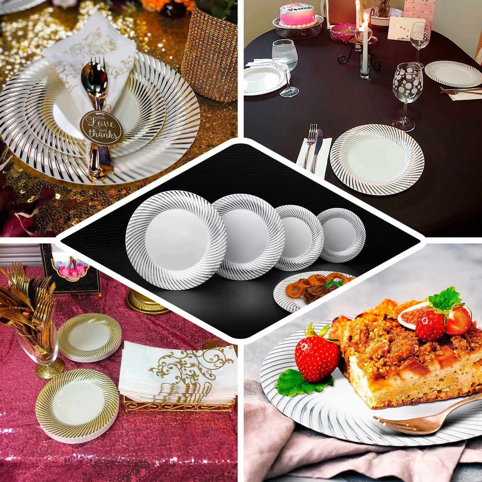 10-Pack Disposable White Dinner Plates with Gold Swirl Rim - Ideal for Parties