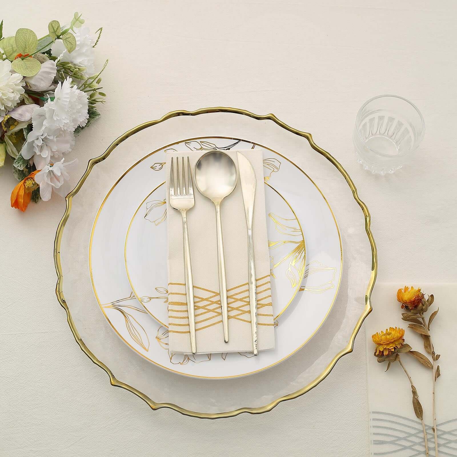 Hot Deal! Set of 20 Disposable Plastic Dinner and Dessert Plates in White with Gold Floral Design for Special Occasions