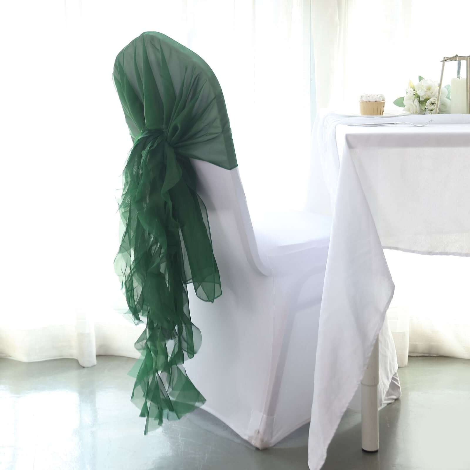 Hunter Emerald Green Chiffon Chair Sashes Set with Willow Ruffles - Elegant Party Decor