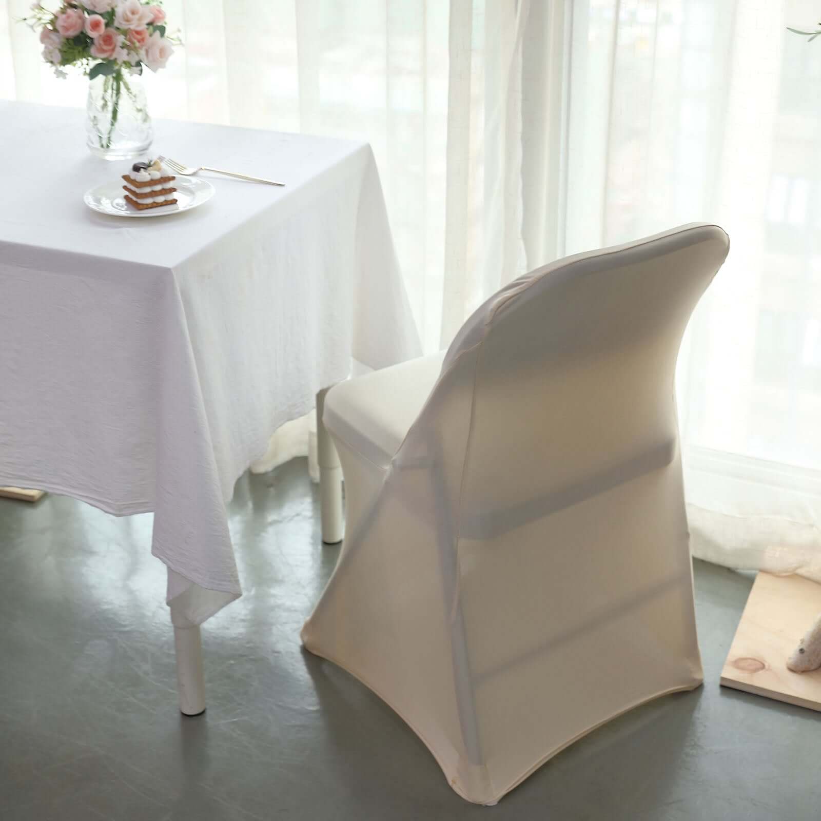 Premium Reusable Beige Spandex Stretch Slipcover for Folding Chairs - 160GSM Wrinkle-Resistant