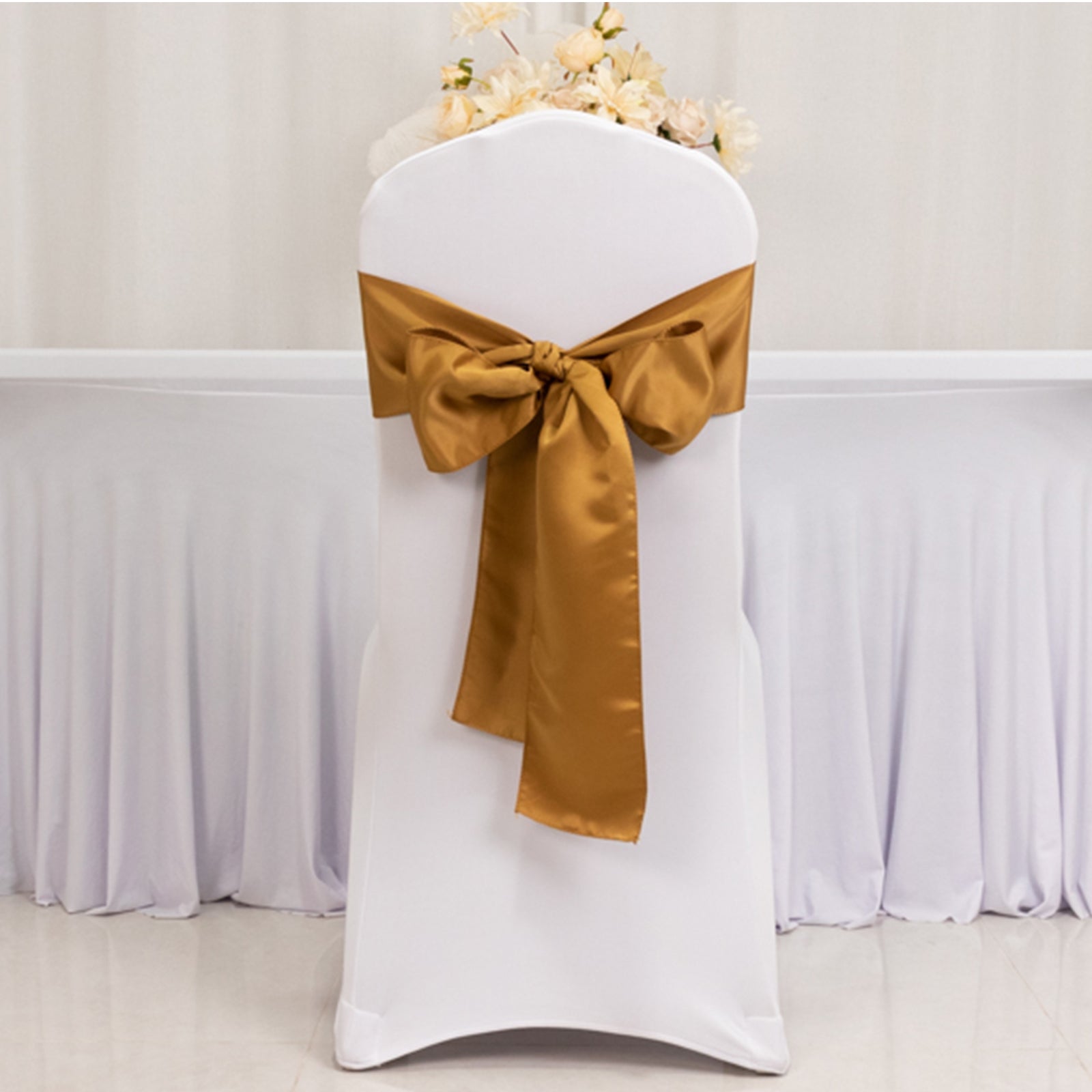5-Pack Gold Lamour Satin Chair Sashes (6x106) - Perfect Reusable Decor for Weddings & Gatherings