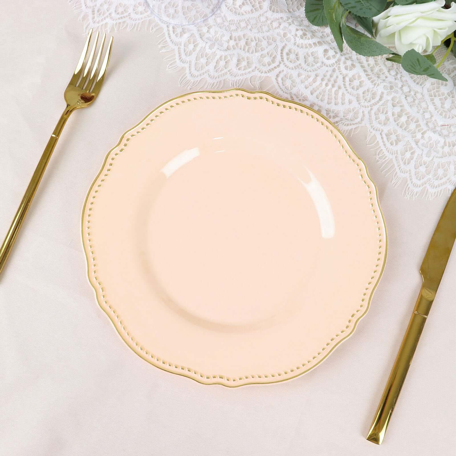 Hot Deal! 10-Pack Disposable Nude Plastic Dinner Plates with Gold Scalloped Rim, 9 Inches