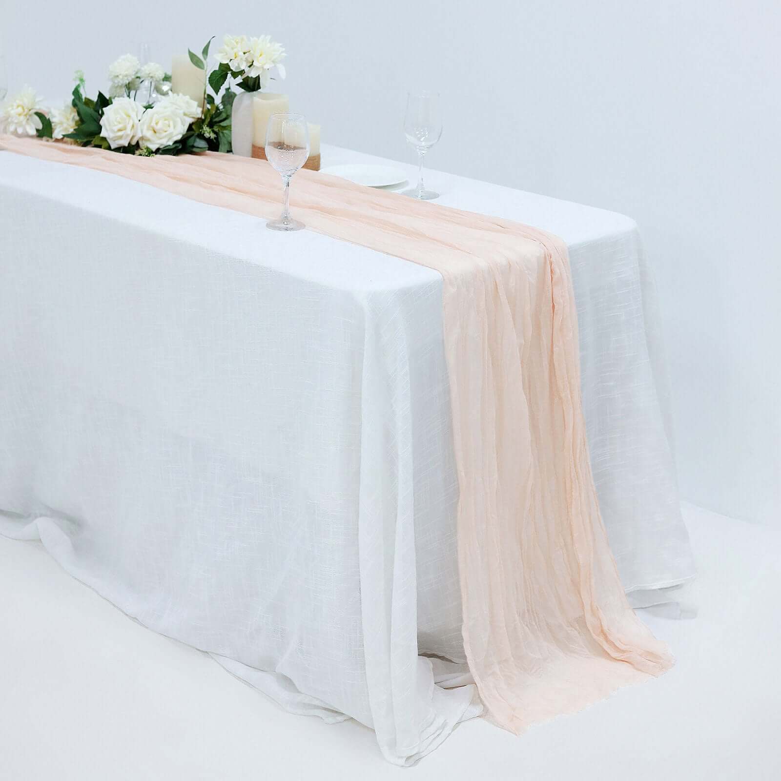 10ft Blush Gauze Cheesecloth Table Runner in Rustic Boho Style