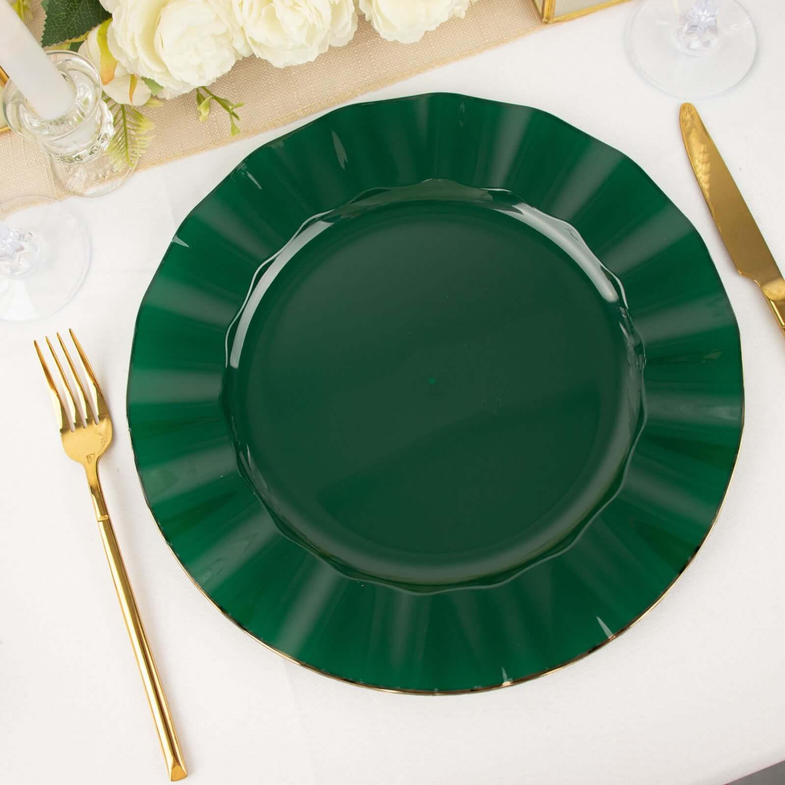 10-Piece Set of Sturdy Disposable 11-Inch Round Dinner Plates in Hunter Emerald Green with Ruffled Gold Edges