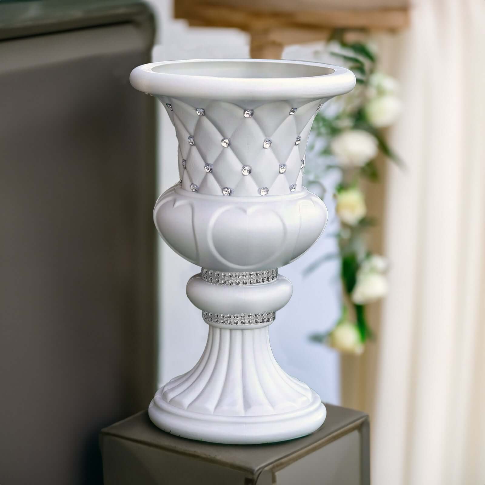 2-Pack 18-Inch Tall PVC Pedestal Stand Flower Plant Pillar with 10mm White Crystal Studs, Italian-Inspired