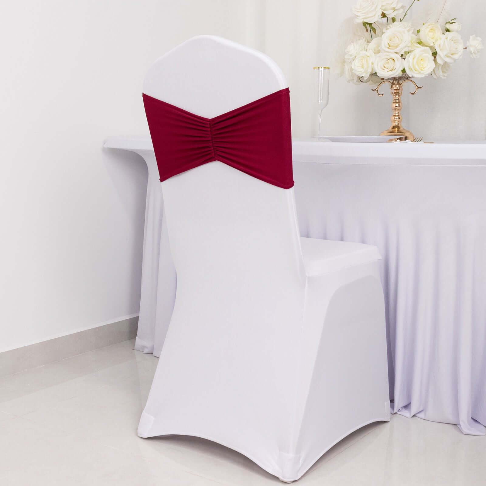 5-Piece Burgundy Ruffled Spandex Chair Sashes - Wide, Easy-to-Use Stretch Bands for Chairs