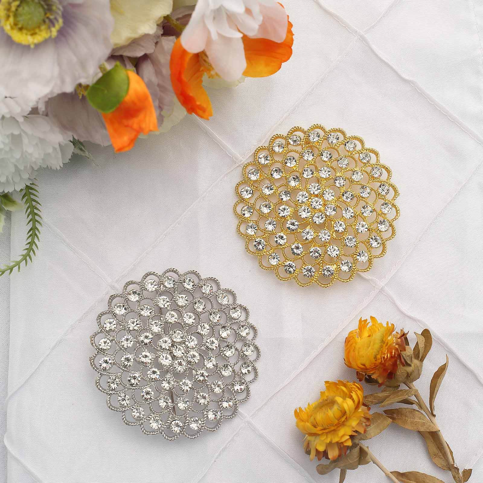 Sparkling Gold Rhinestone Metal Flower Chair Sash Band Buckle - Ideal for Weddings & Celebrations