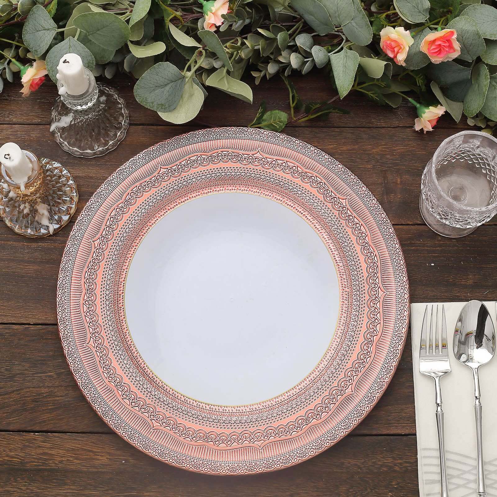 Hot Sale! 6-Pack 13-inch Rose Gold Acrylic Charger Plates with Lace-Embossed Rim for Table Decor