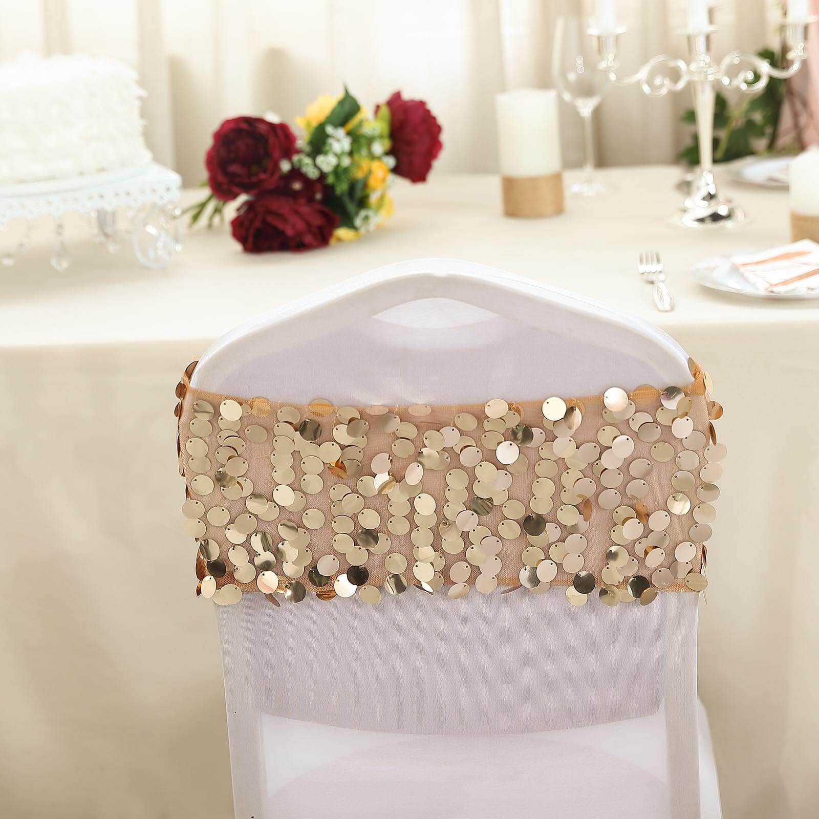 Hot Deal! 5-Pack Gold Big Payette Sequin 13x10 Chair Sash Bands for Weddings & Gatherings