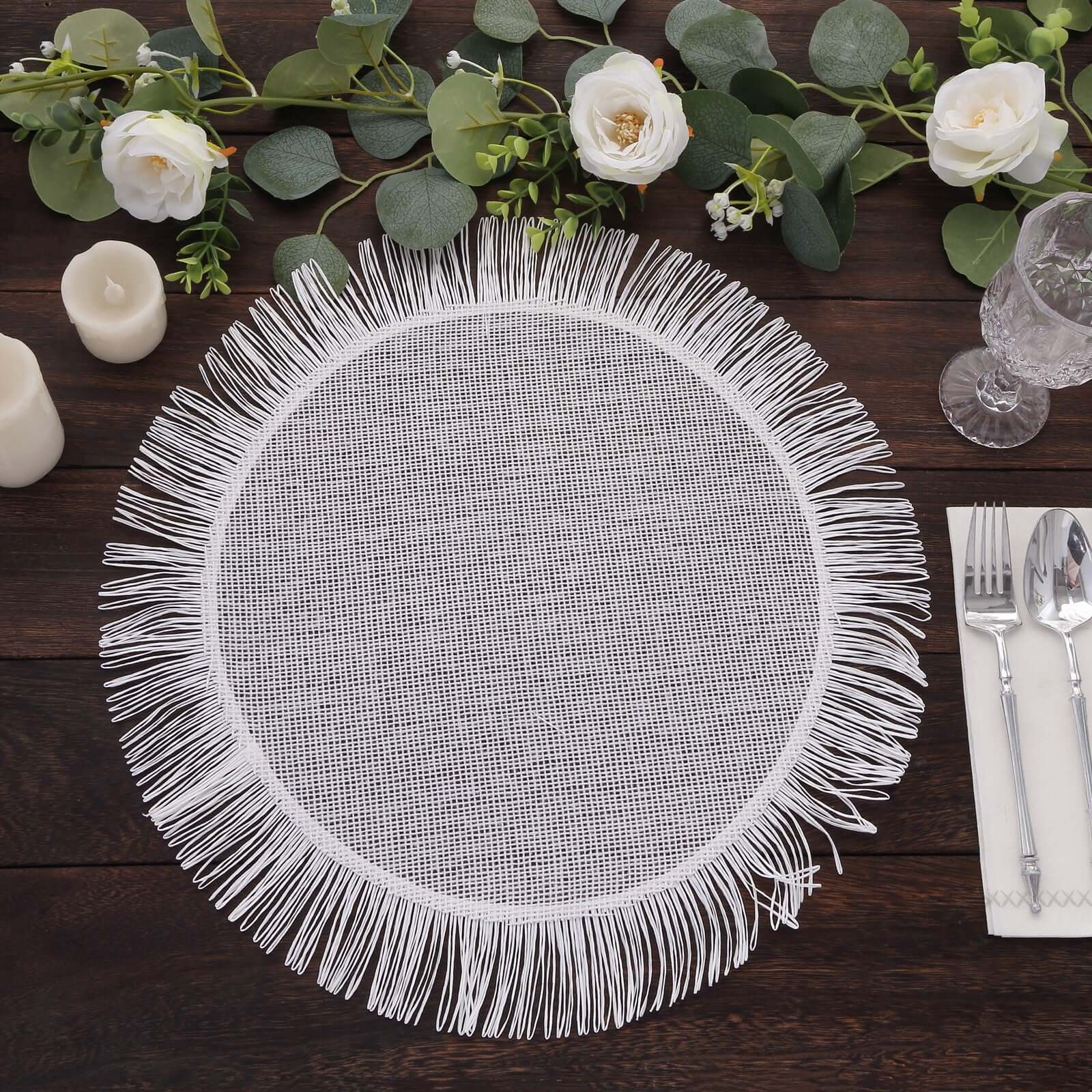 Hot Deal! 4-Pack White Jute Round Placemats with Fringe Edge - Rustic Boho Chic Table Decor