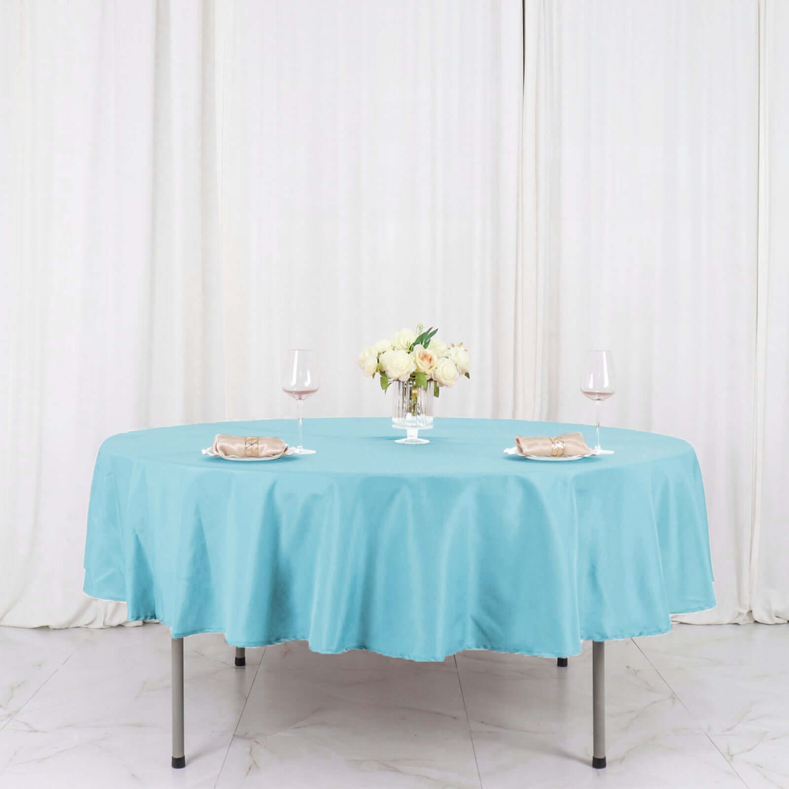 Get This Light Blue 90-Inch Round Polyester Tablecloth - Stain & Wrinkle Free!