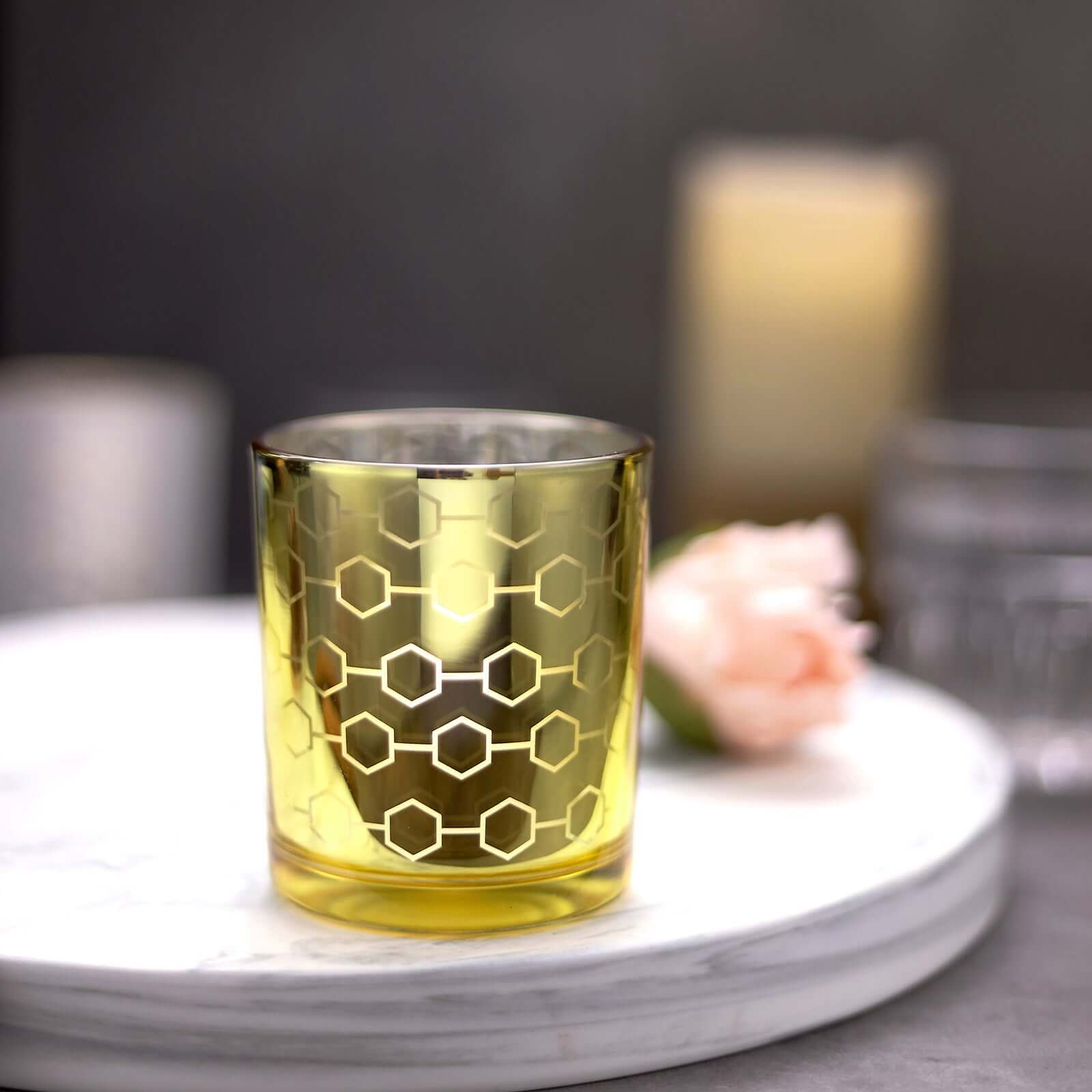 Hot Sale! 6-Piece Set of Gold Mercury Glass Votive Candle Holders with Honeycomb Design