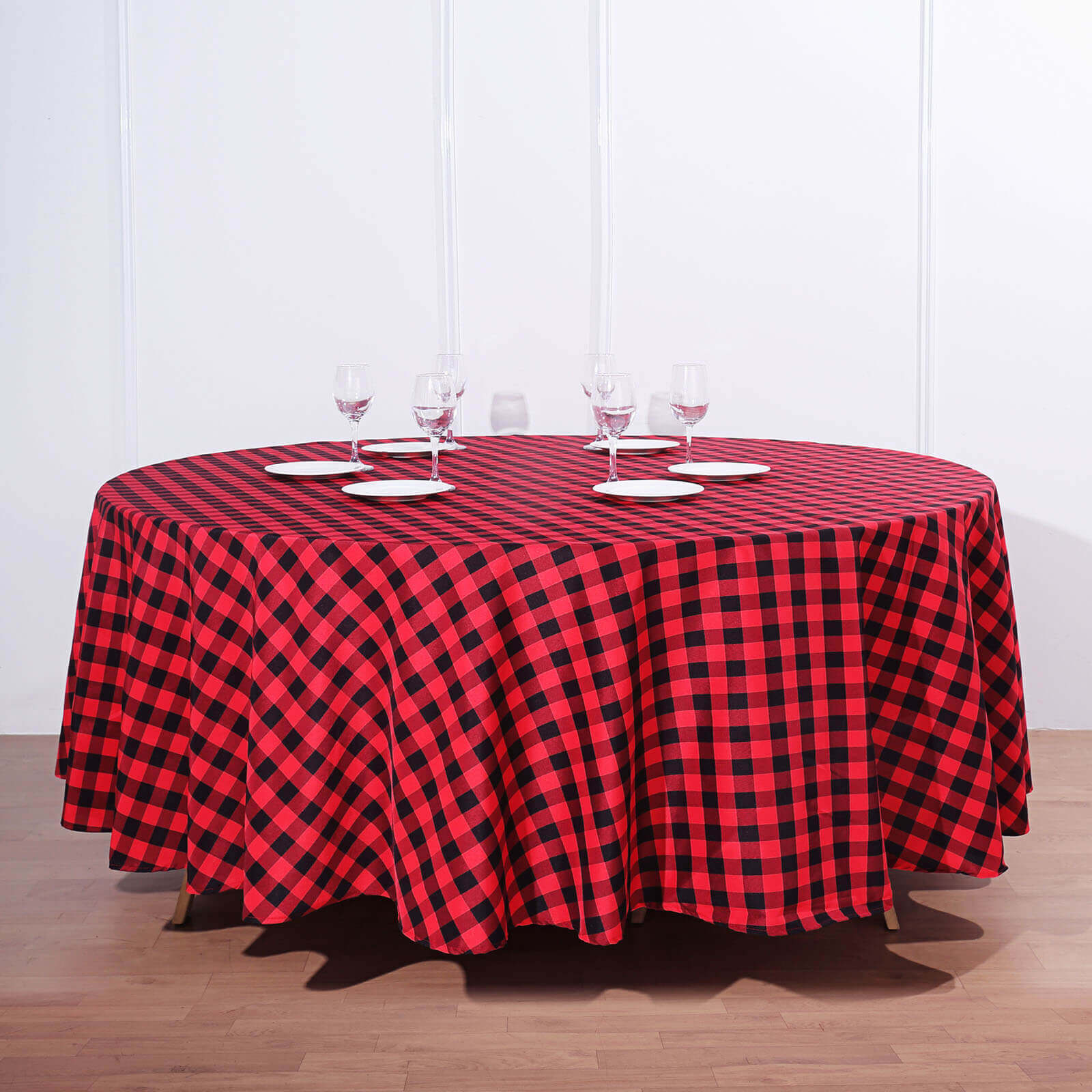 108-Inch Black and Red Buffalo Plaid Polyester Round Tablecloth - Perfect for Events