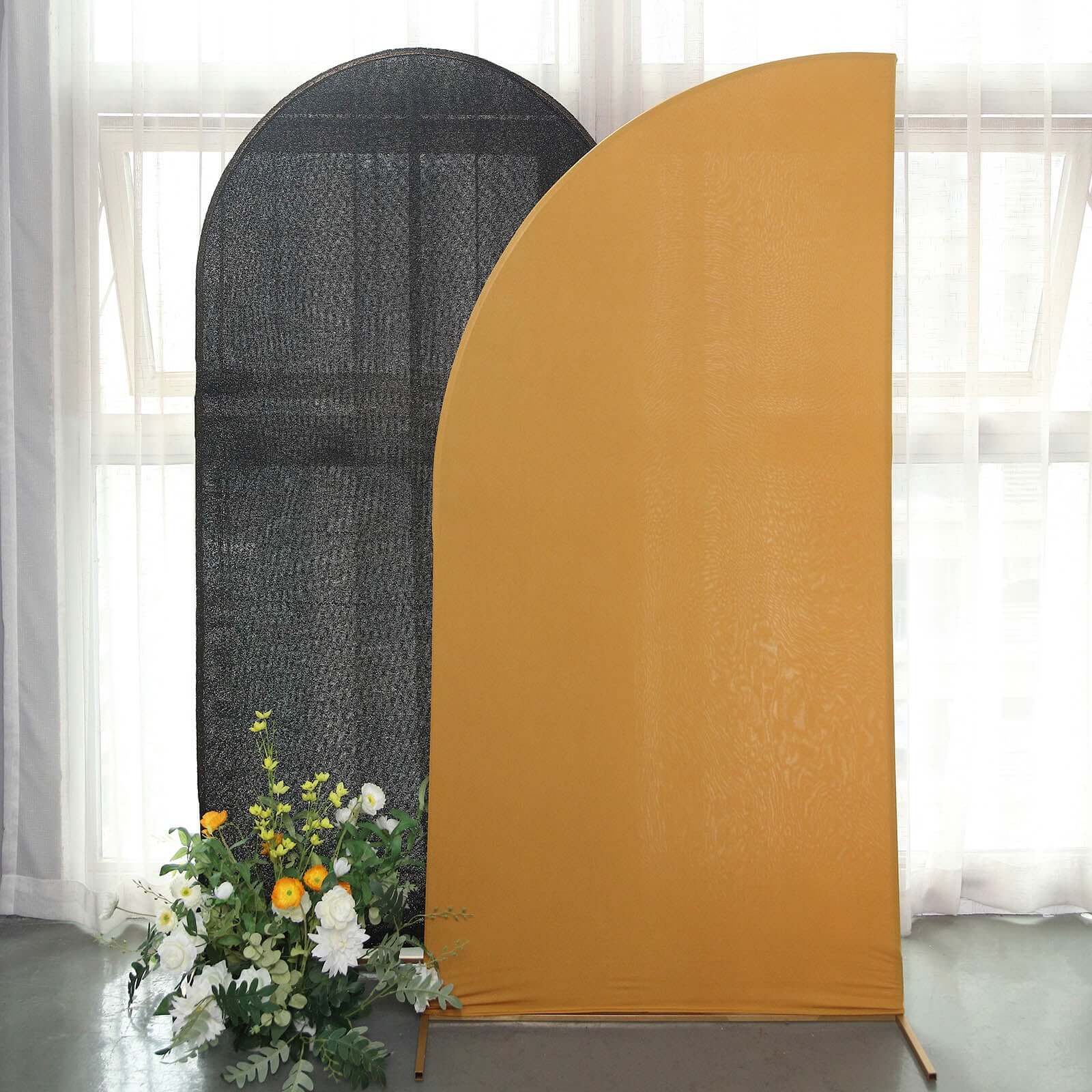 Exclusive Custom-Fitted 7ft Matte Gold Spandex Half Moon Chiara Wedding Arch Backdrop Cover