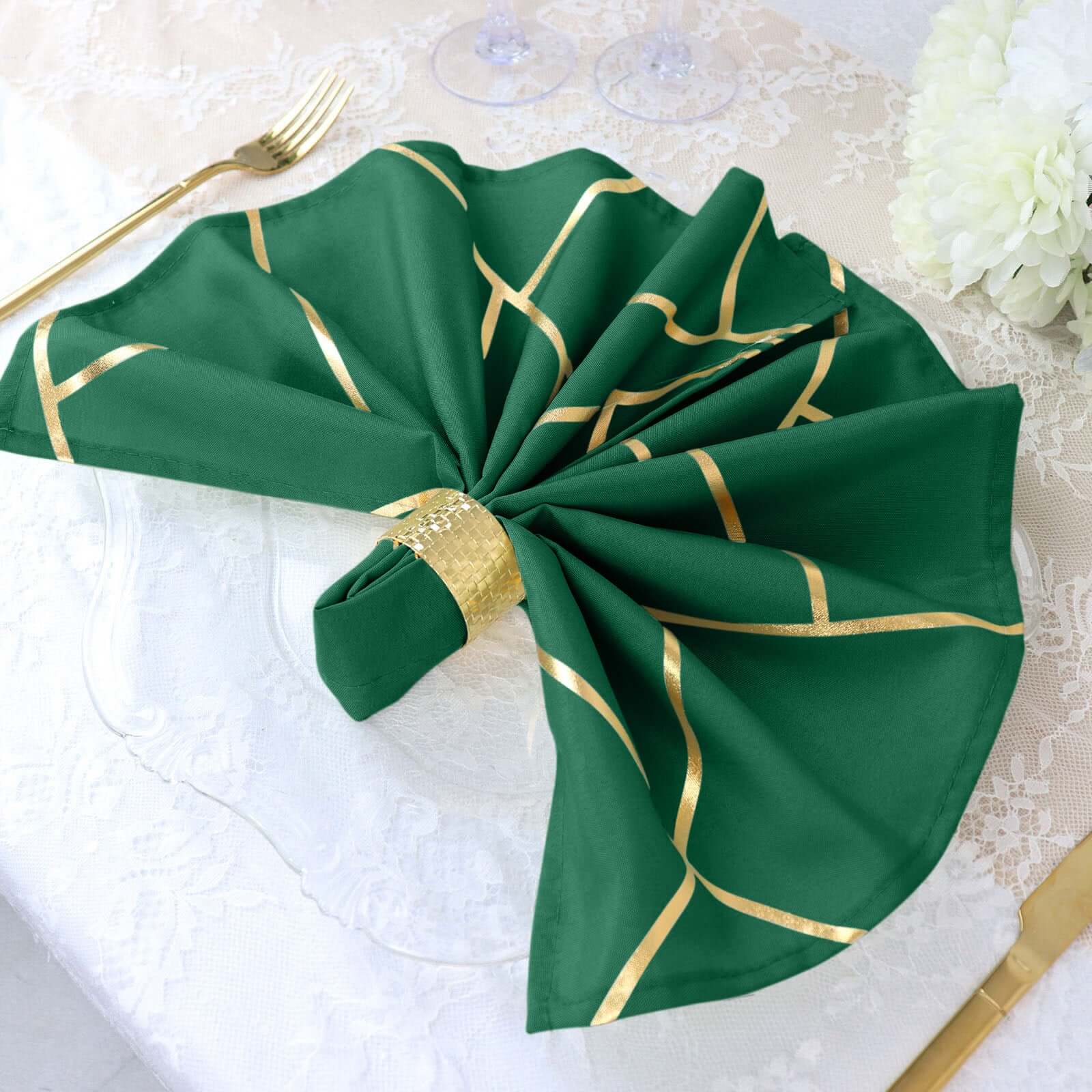 Set of 5 Reusable 20x20 Polyester Dinner Napkins in Hunter Emerald Green with Gold Geometric Foil Design