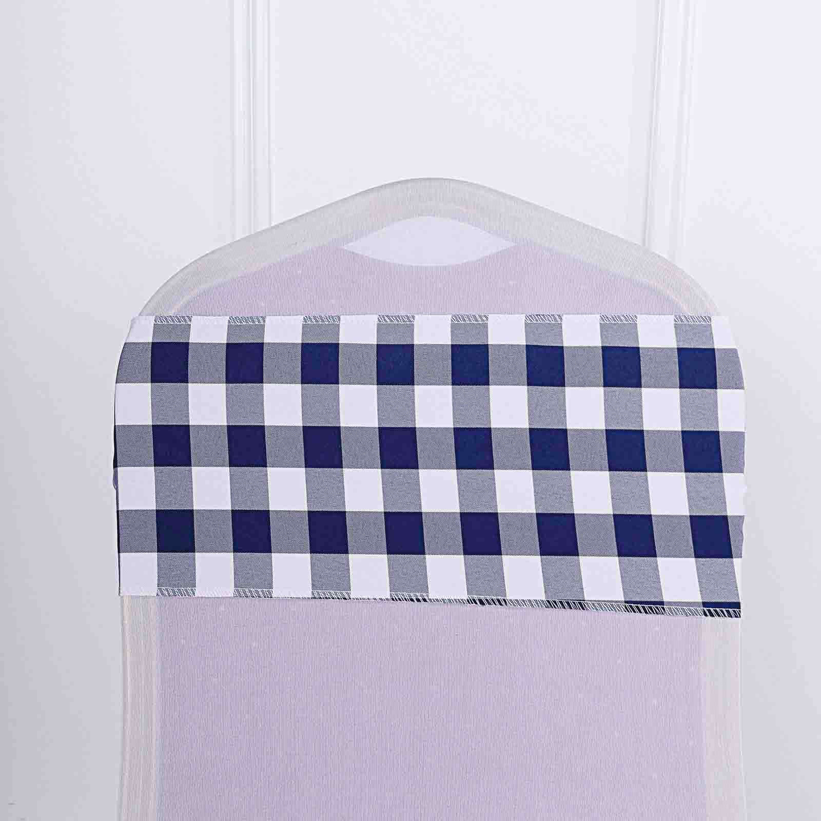 Get 5-Pack Durable & Reusable Navy Blue/White Buffalo Plaid Polyester Chair Sashes
