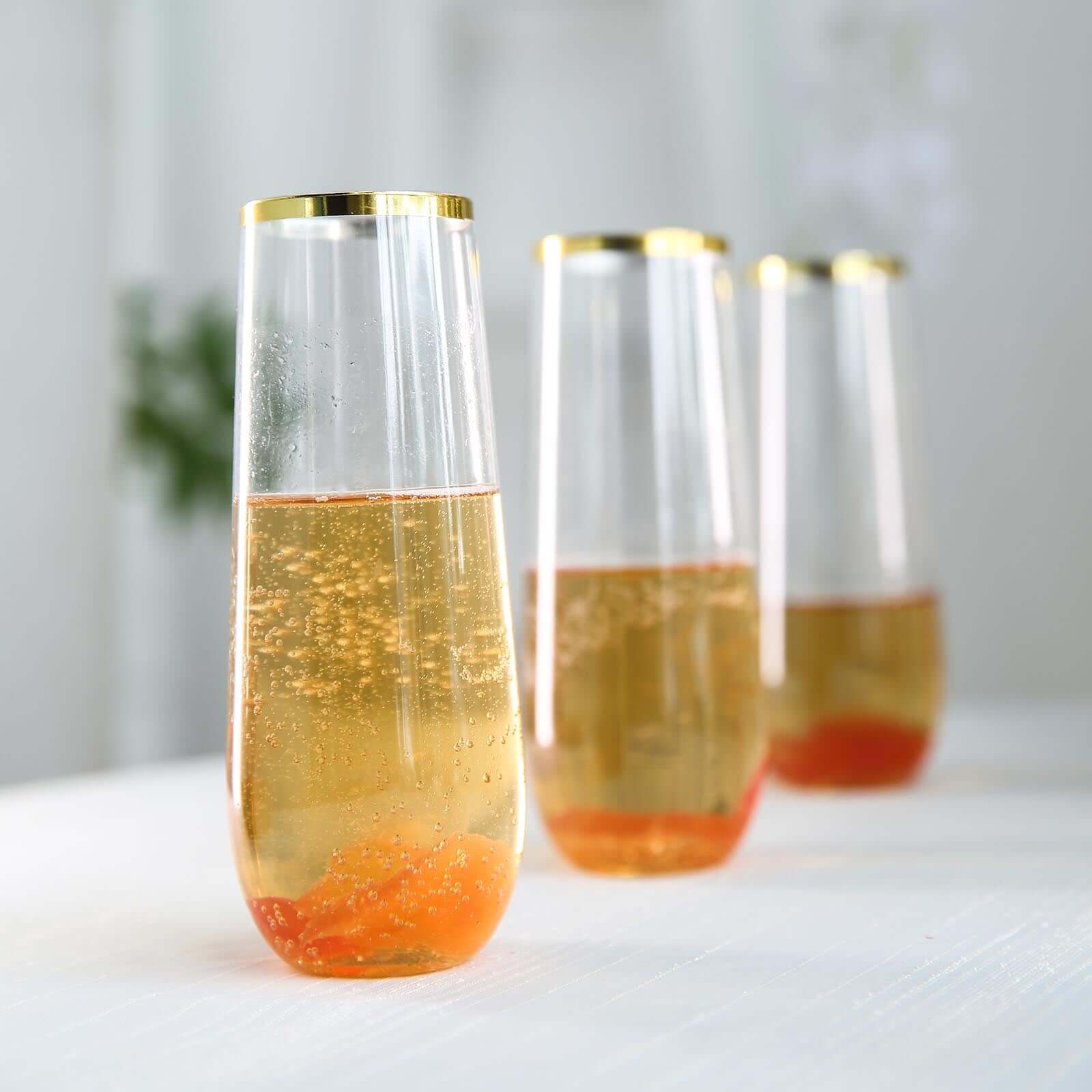9oz Reusable 6-Pack Clear Plastic Stemless Champagne Flutes with Gold Rim