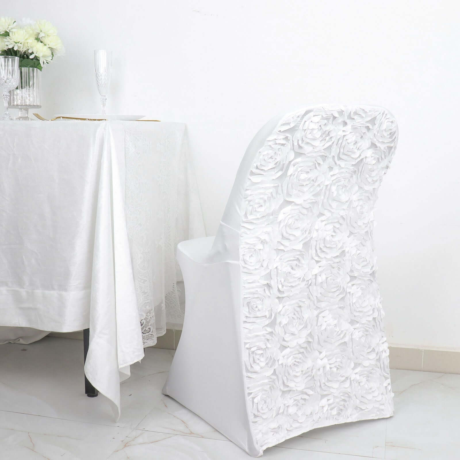 Premium White Spandex Slipcover for Folding Chairs with Satin Rosette Design - Ideal for Classy Events