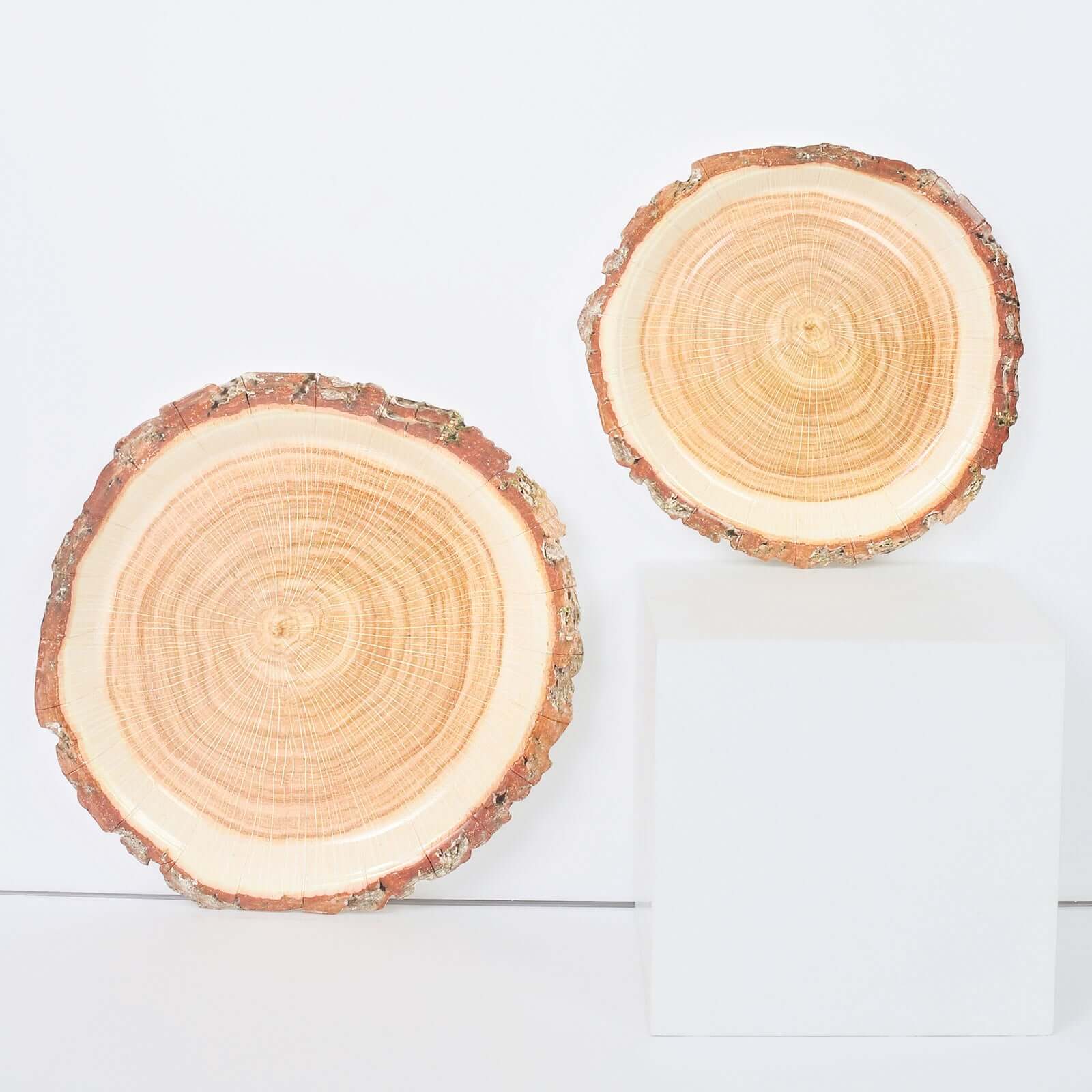 25-Pack Disposable 7-Inch Round Paper Dessert Plates with Natural Wood Slice Print for Rustic Farmhouse Events