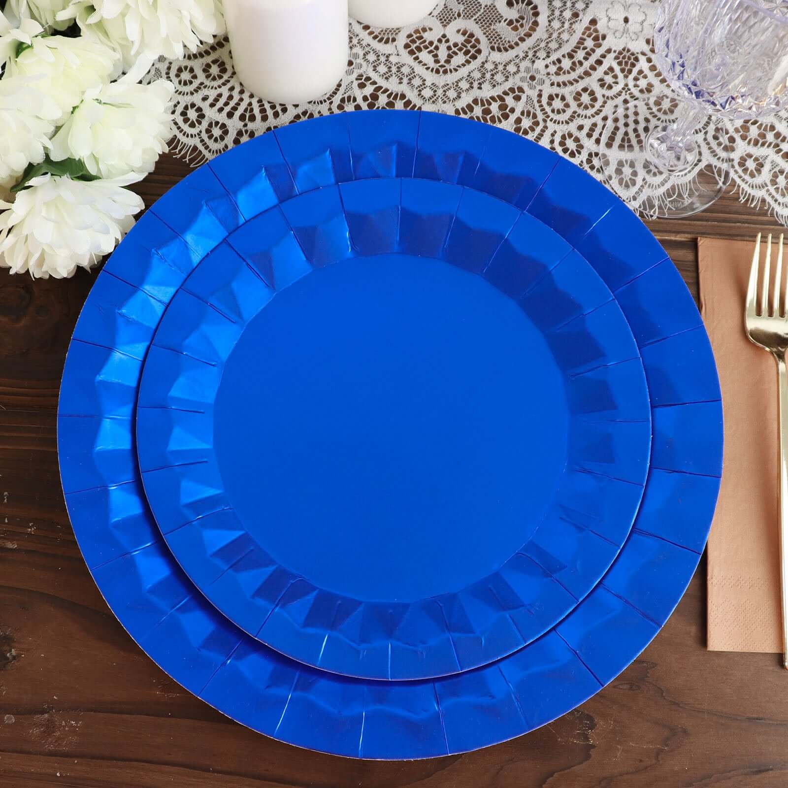 Hot Deal! 25-Piece Set of Disposable 400GSM Royal Blue Round Dinner Paper Plates with Geometric Prism Rim
