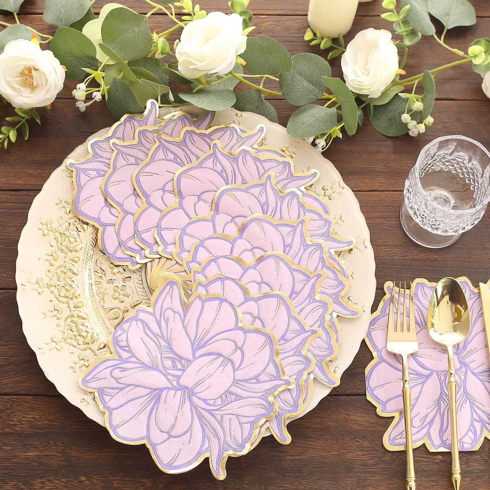 Get 20-Pack Disposable Cocktail Paper Napkins with Purple Peony & Gold Edges for Parties