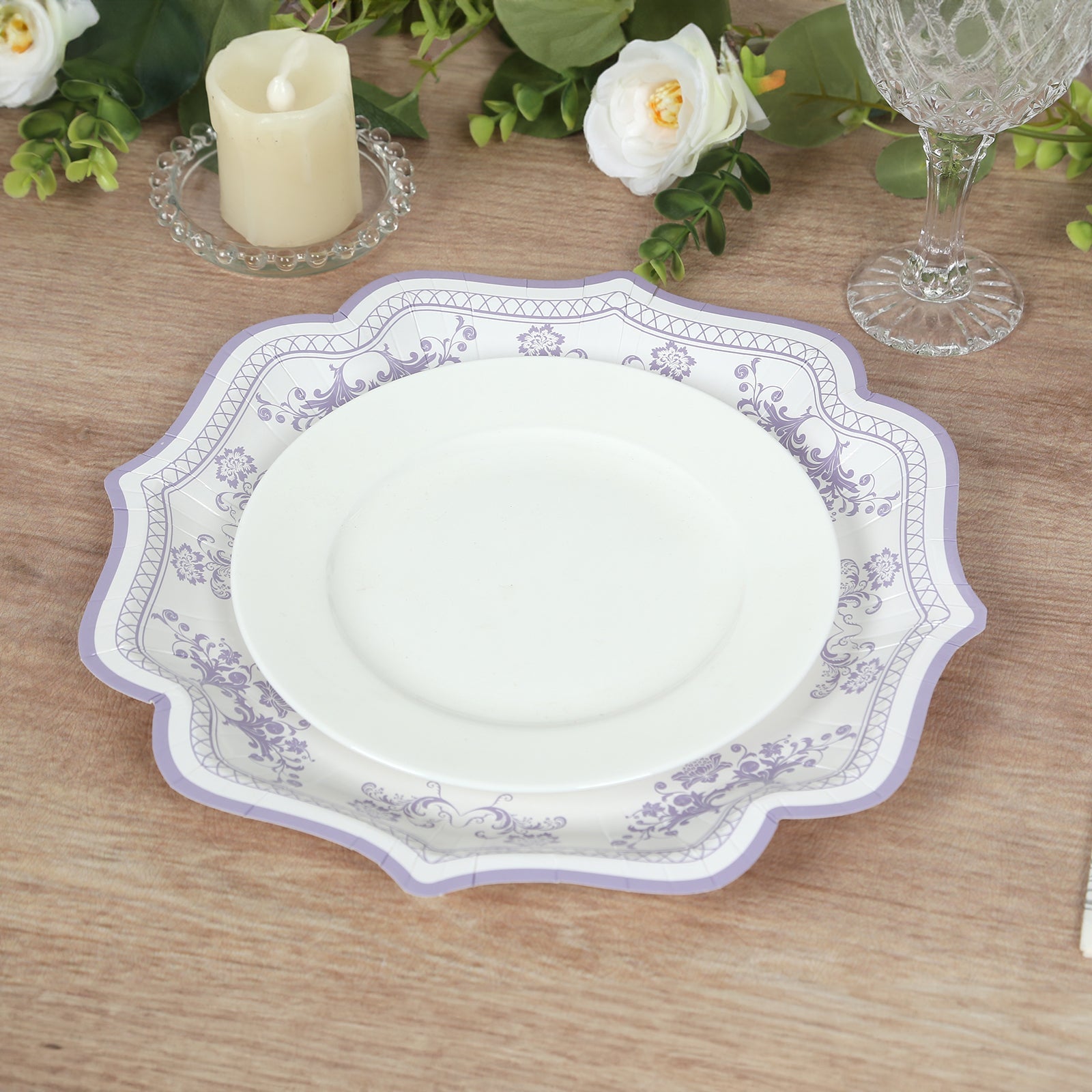25-Piece Set of White and Lavender Lilac Damask Floral Disposable Paper Dinner Plates, 10-Inch