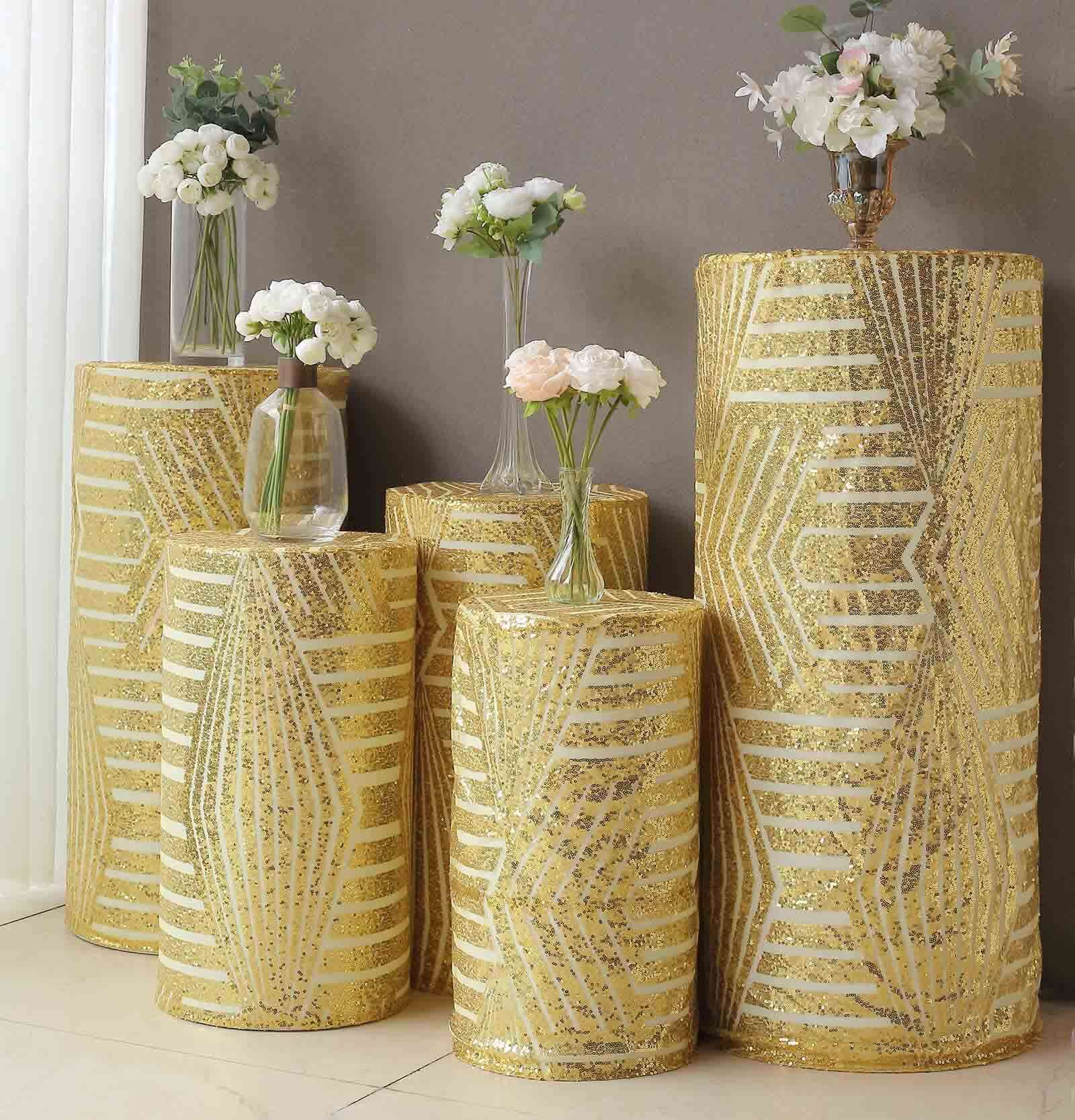 Sparkling Gold Sequin Mesh Geometric Pattern Cylinder Pedestal Stand Covers - Set of 5