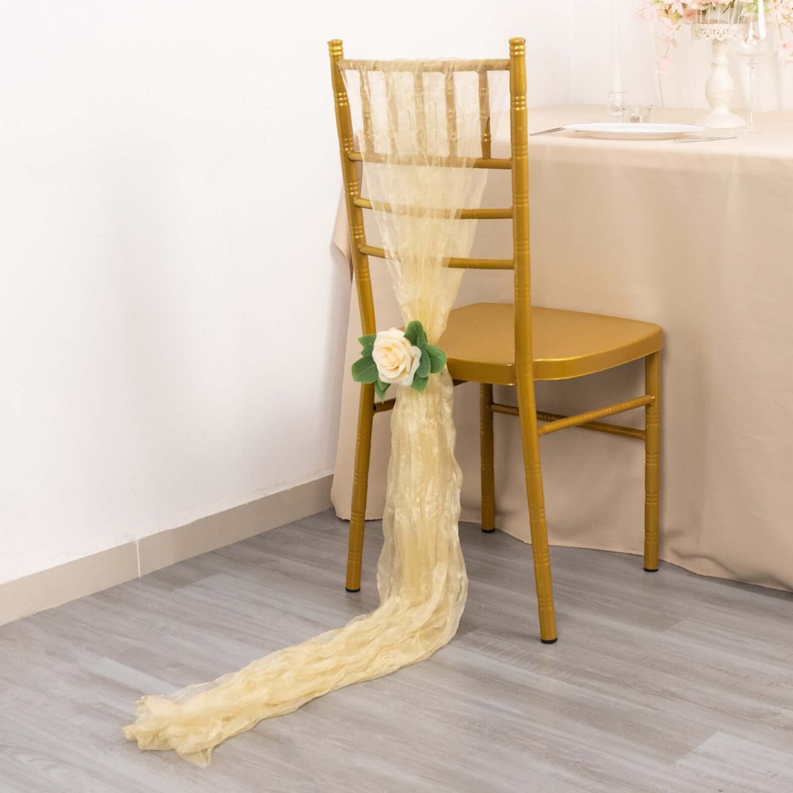 5-Pack Champagne Crinkled Organza Chair Sashes with Shimmer Chiffon Layers - Elegant Sheer Decor