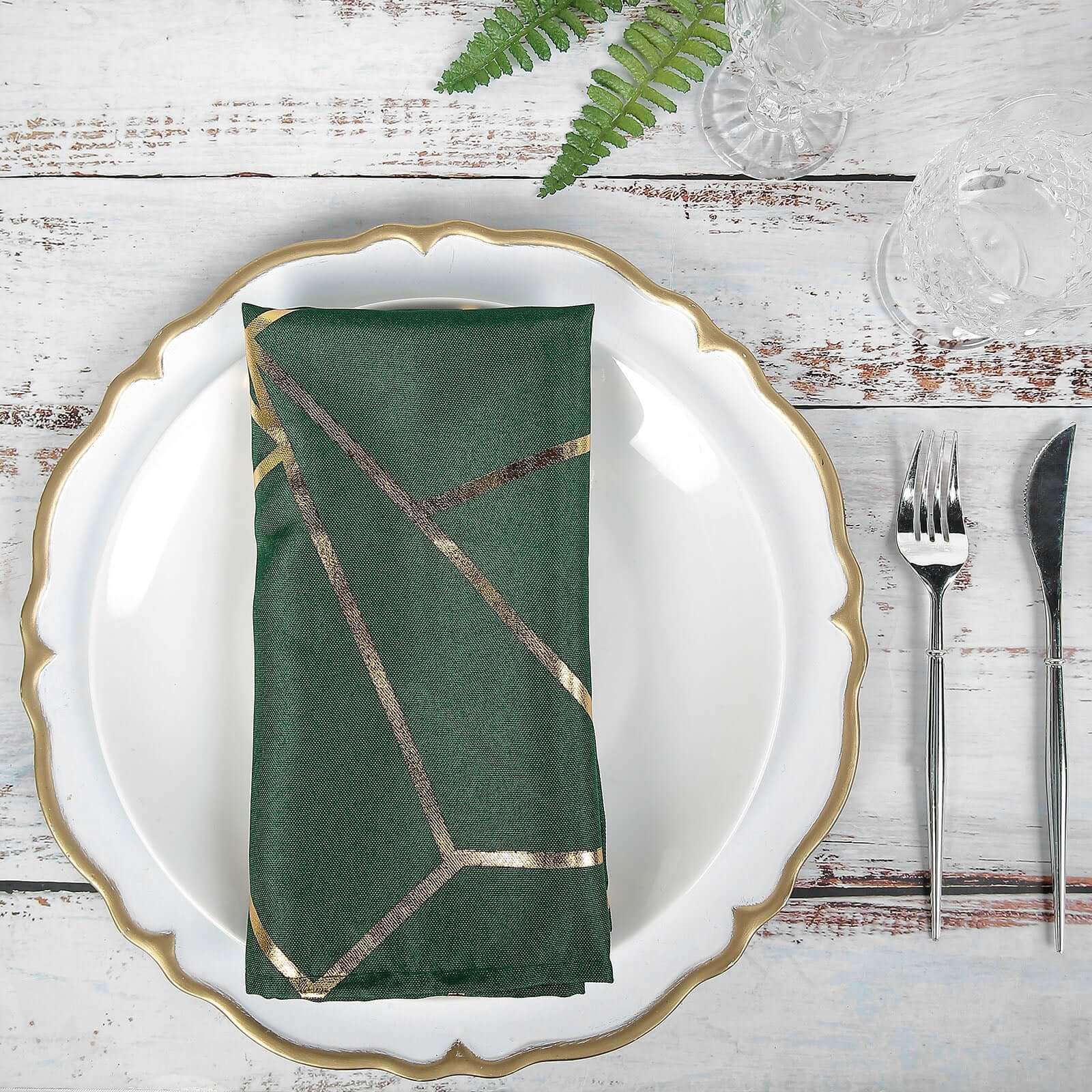 Set of 5 Reusable 20x20 Polyester Dinner Napkins in Hunter Emerald Green with Gold Geometric Foil Design